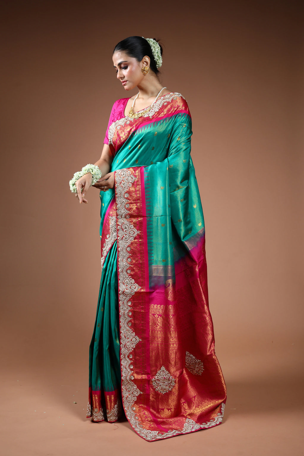 Sea Green Exclusive Tissue Gadwal Zardosi Work Saree With Blouse Piece