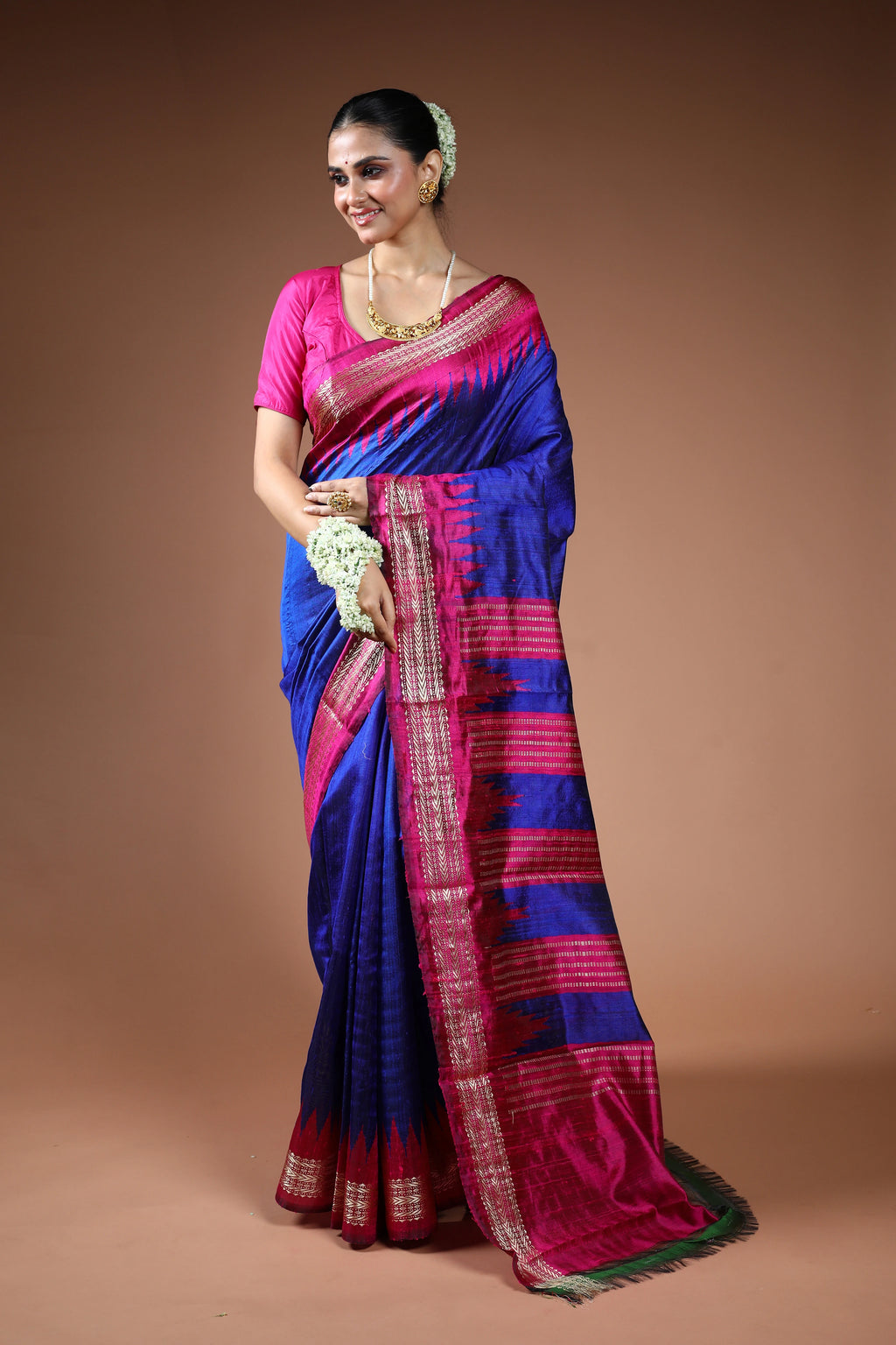 Royal Blue Chattisgarh Raw Silk Saree With Blouse Piece