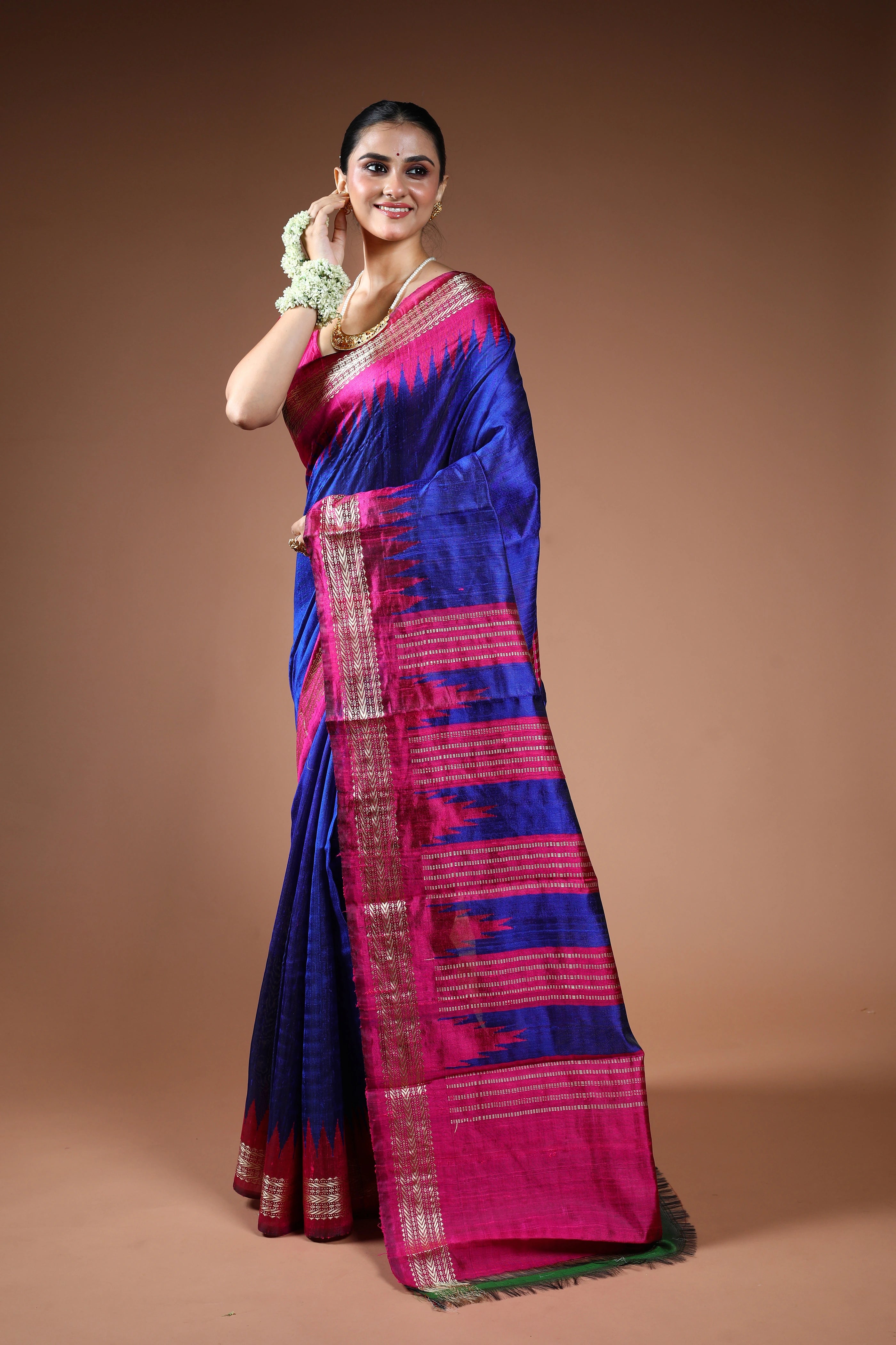 Royal Blue Chattisgarh Raw Silk Saree With Blouse Piece