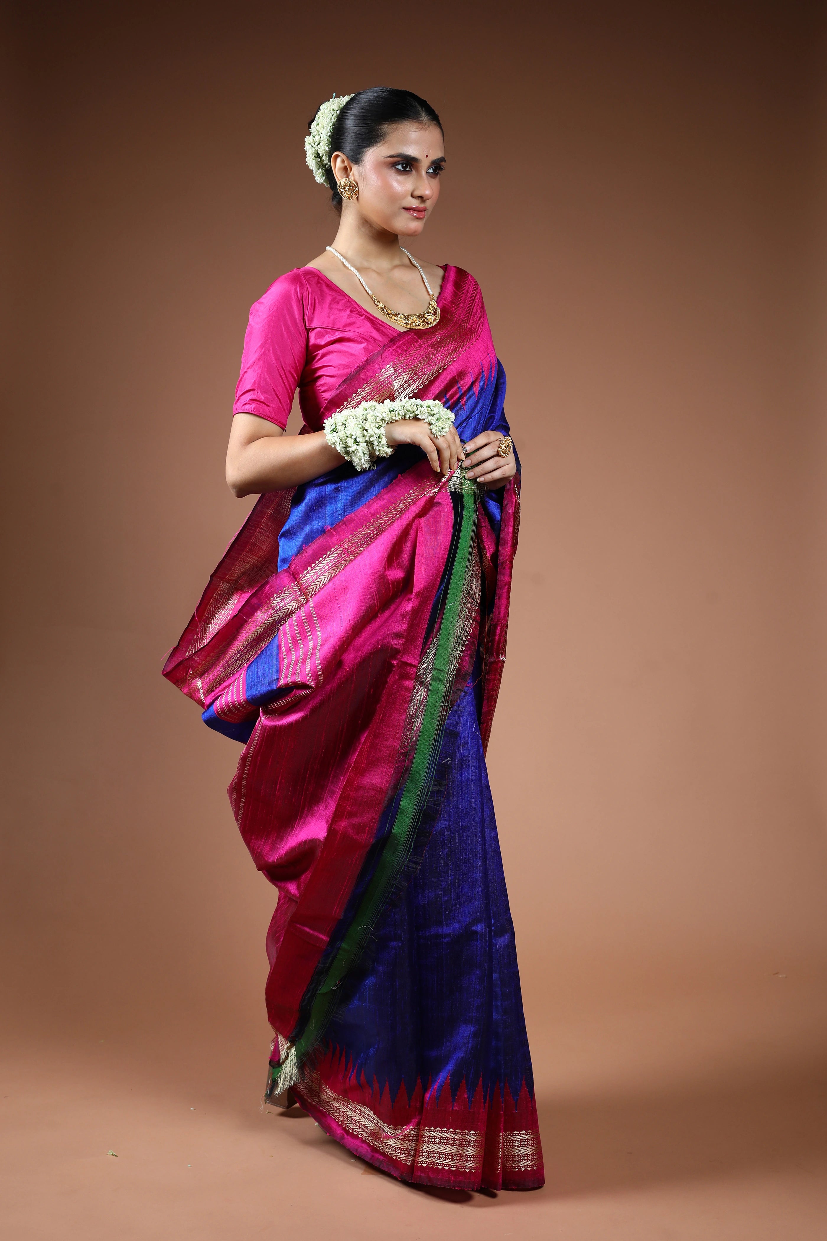Royal Blue Chattisgarh Raw Silk Saree With Blouse Piece
