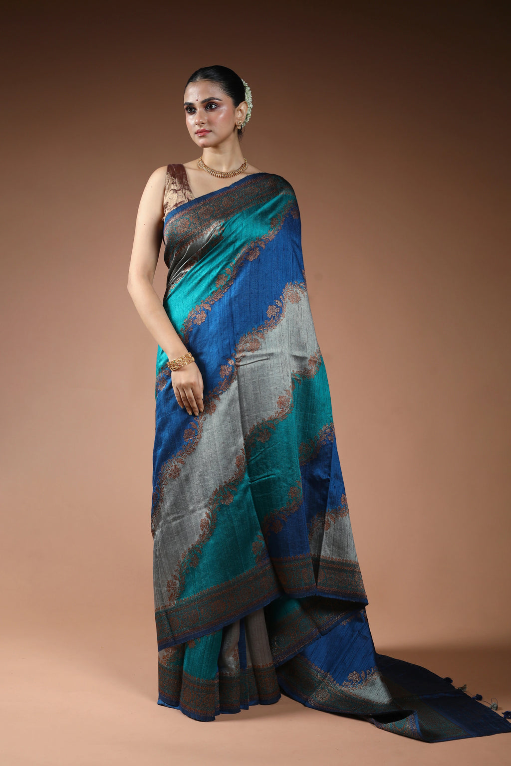 Blue Rangkat Raw Silk Banarasi Saree With Blouse Piece