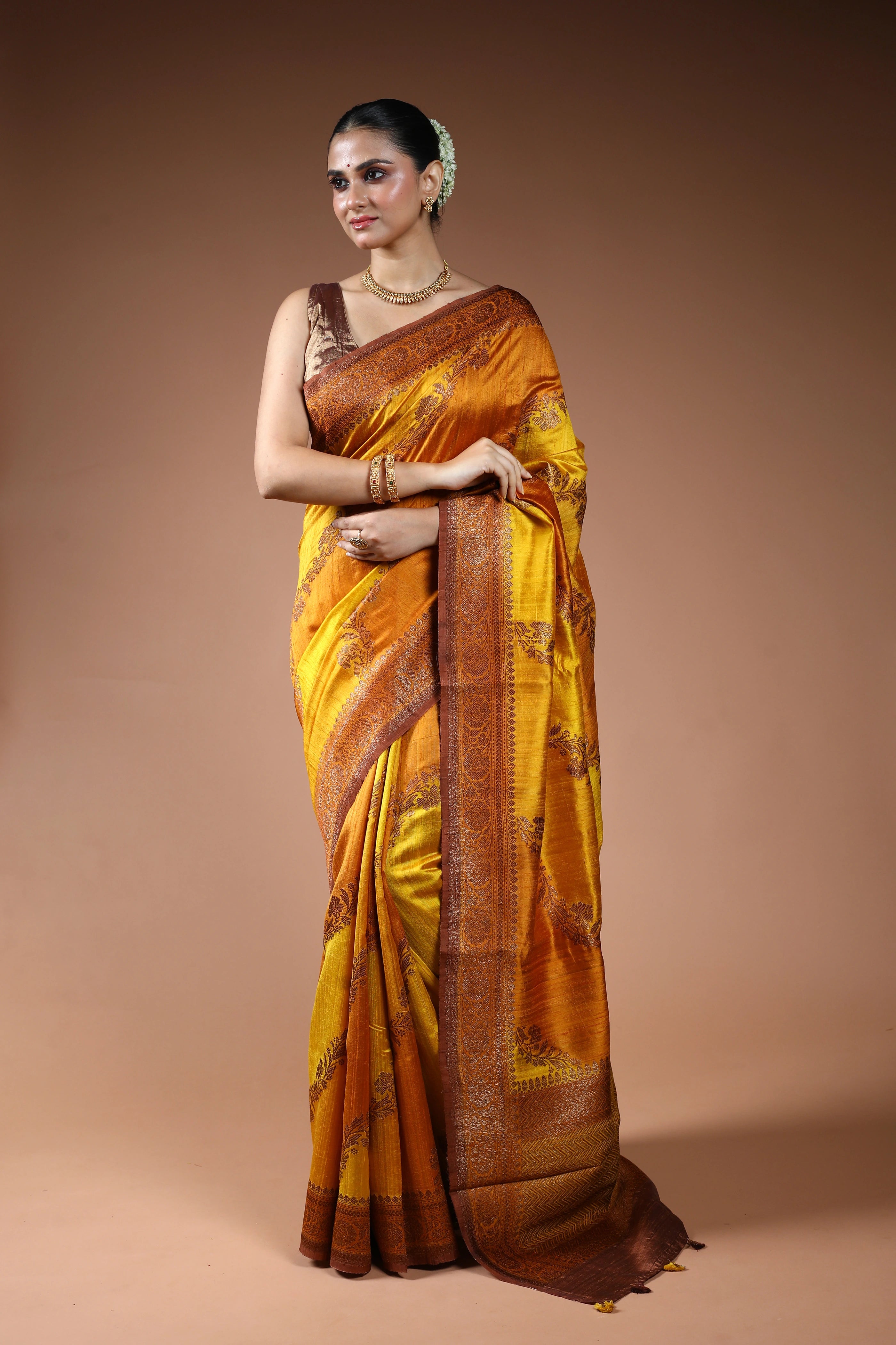 Yellow Rangkat Raw Silk Banarasi Saree With Blouse Piece