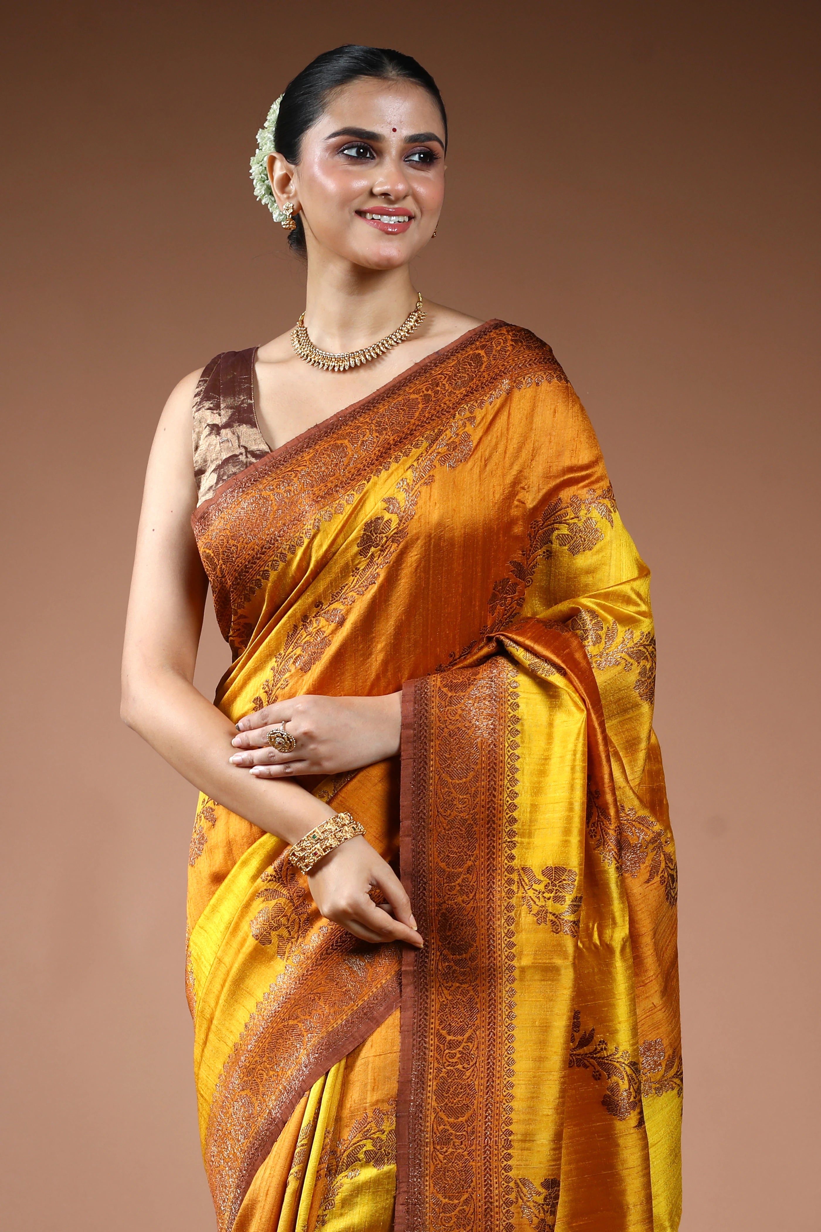 Yellow Rangkat Raw Silk Banarasi Saree With Blouse Piece