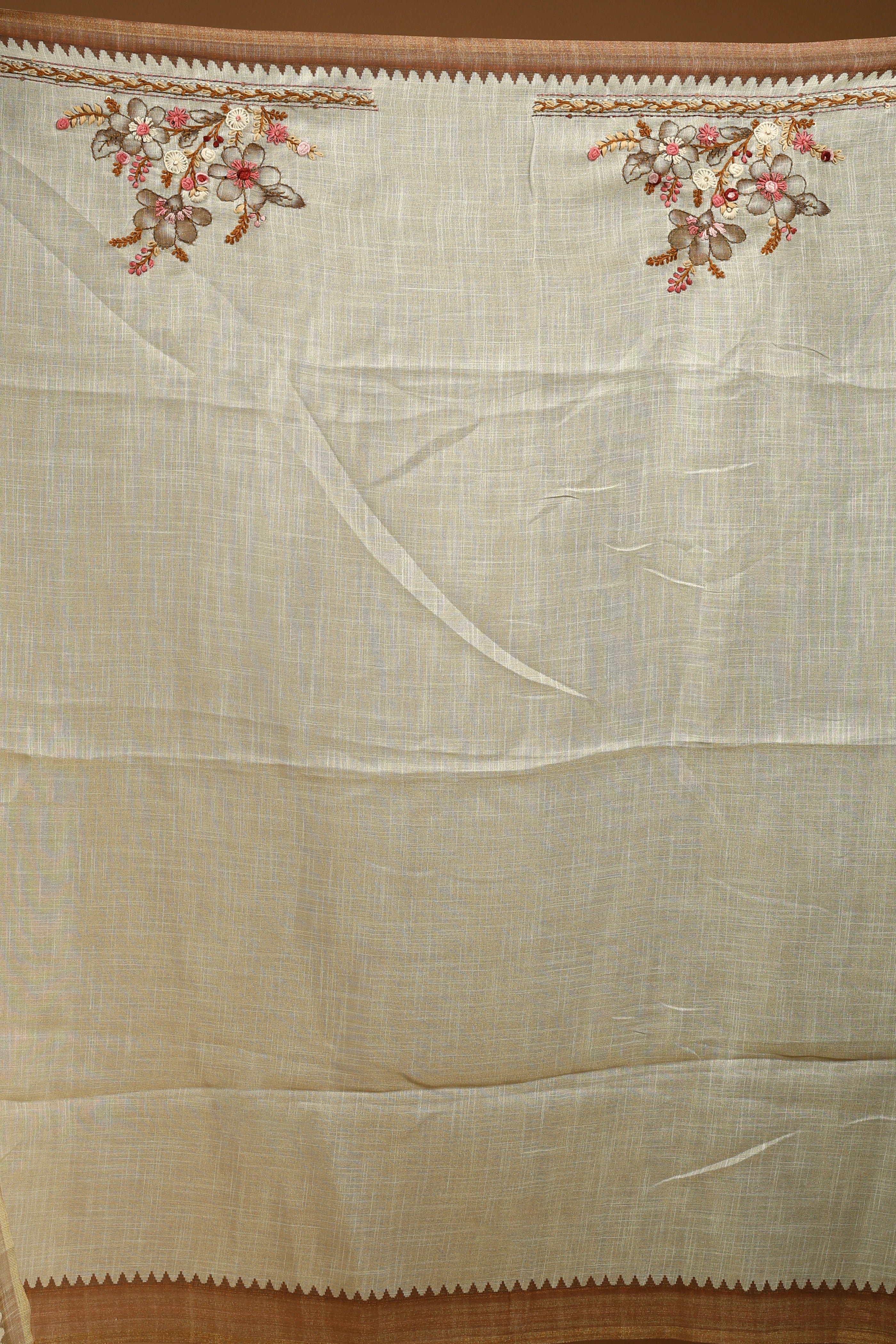 Beige Linen Handwork Saree With Blouse Piece