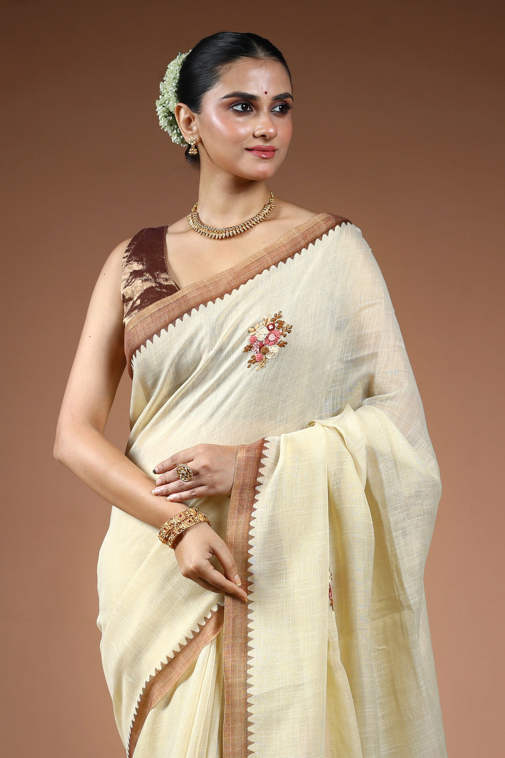 Beige Linen Handwork Saree With Blouse Piece