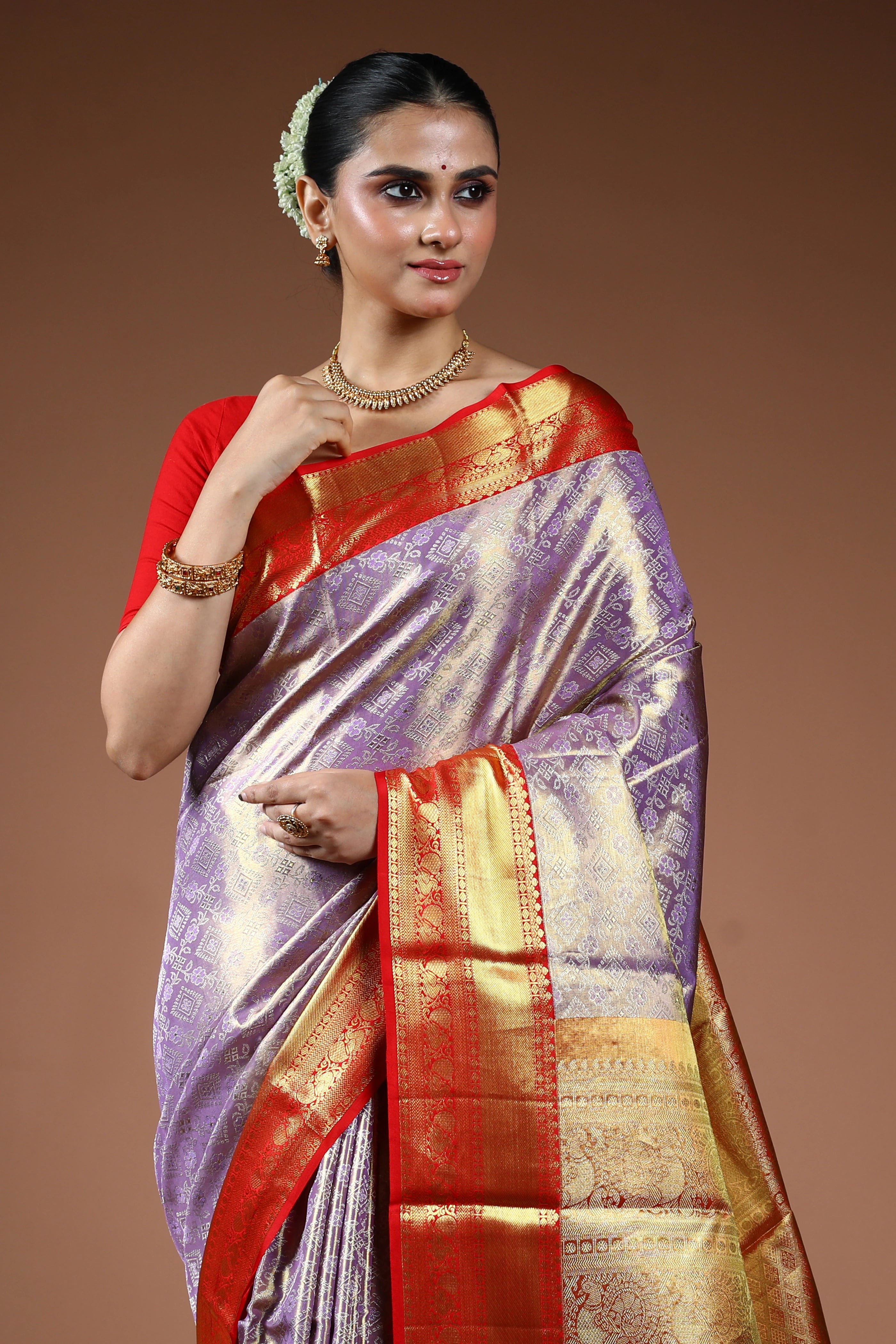 Lavender Tissue Kanjivaram Saree With Blouse Piece