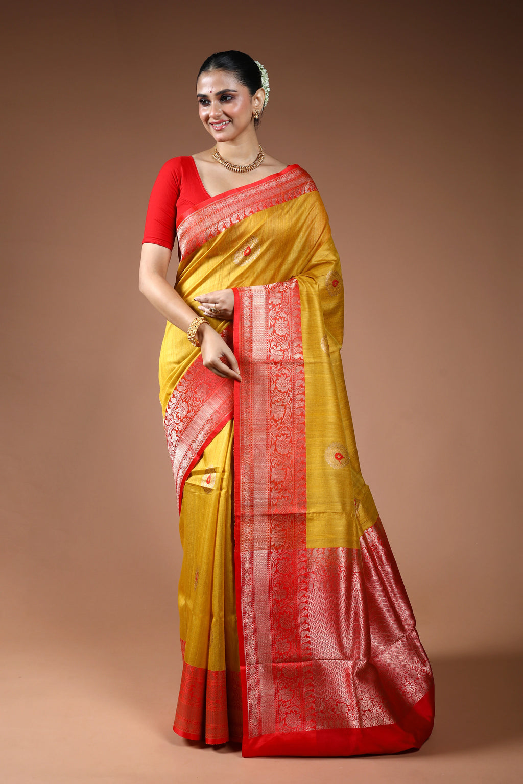 Mustard Yellow Tussar Banarasi Saree With Blouse Piece