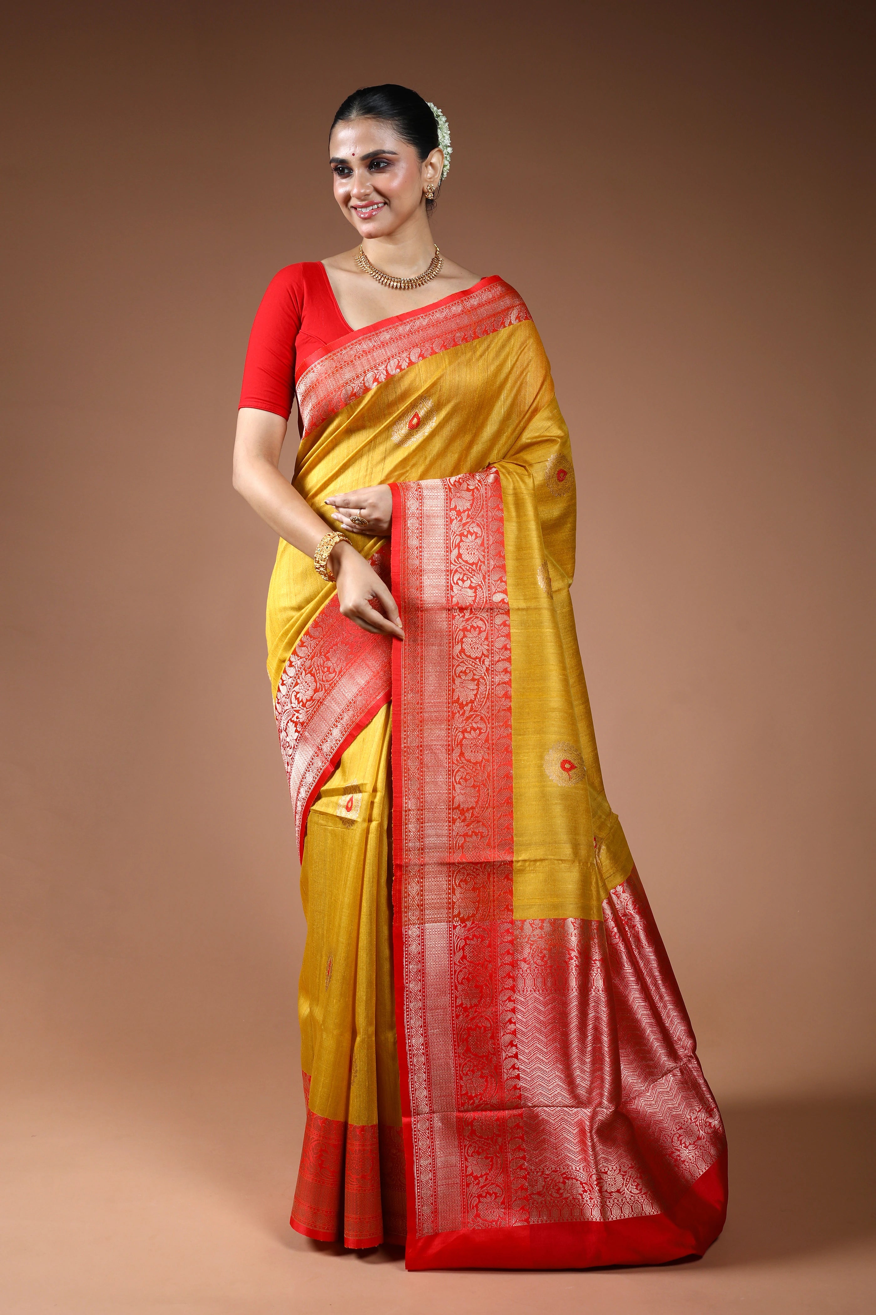 Mustard Yellow Tussar Banarasi Saree With Blouse Piece