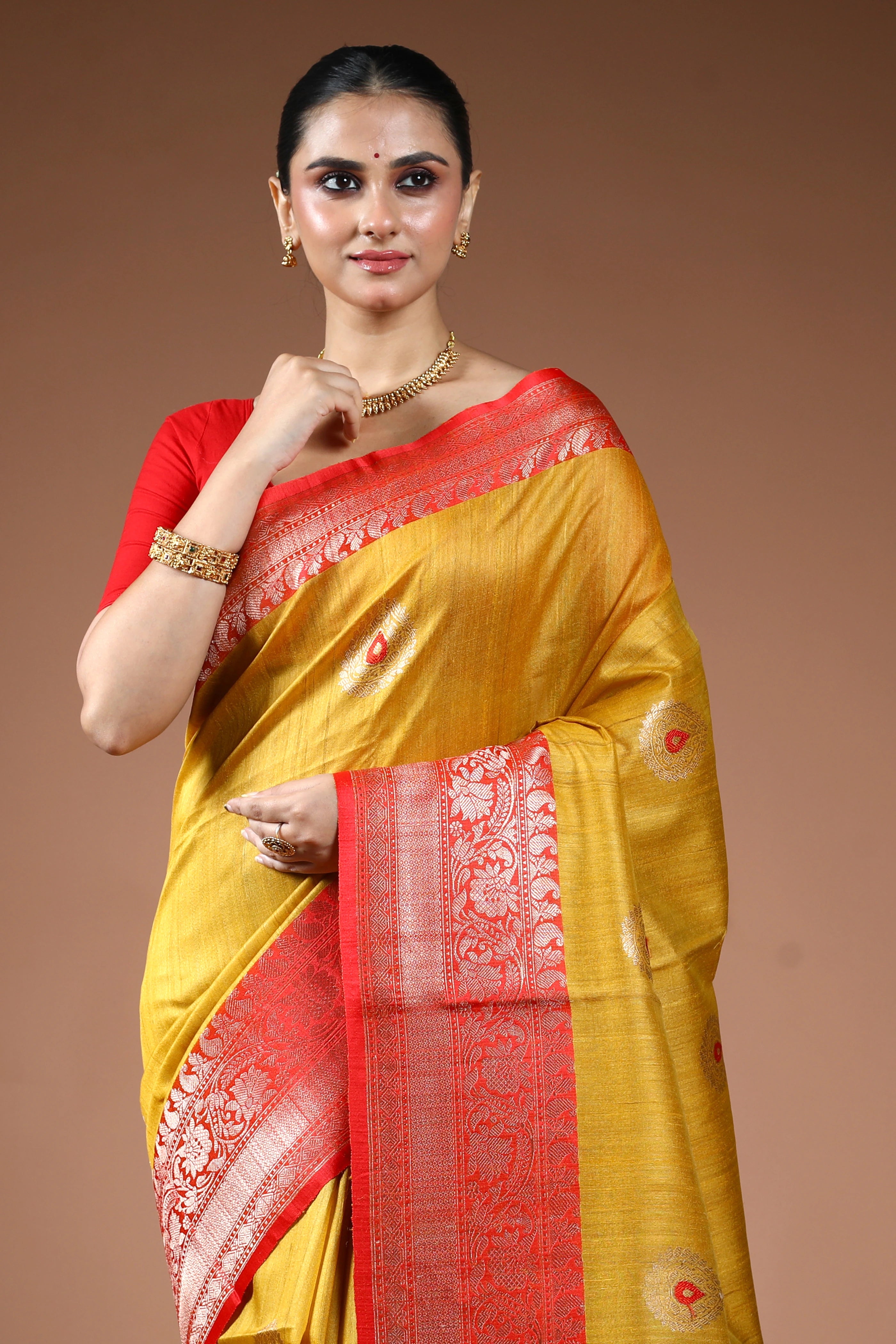 Mustard Yellow Tussar Banarasi Saree With Blouse Piece
