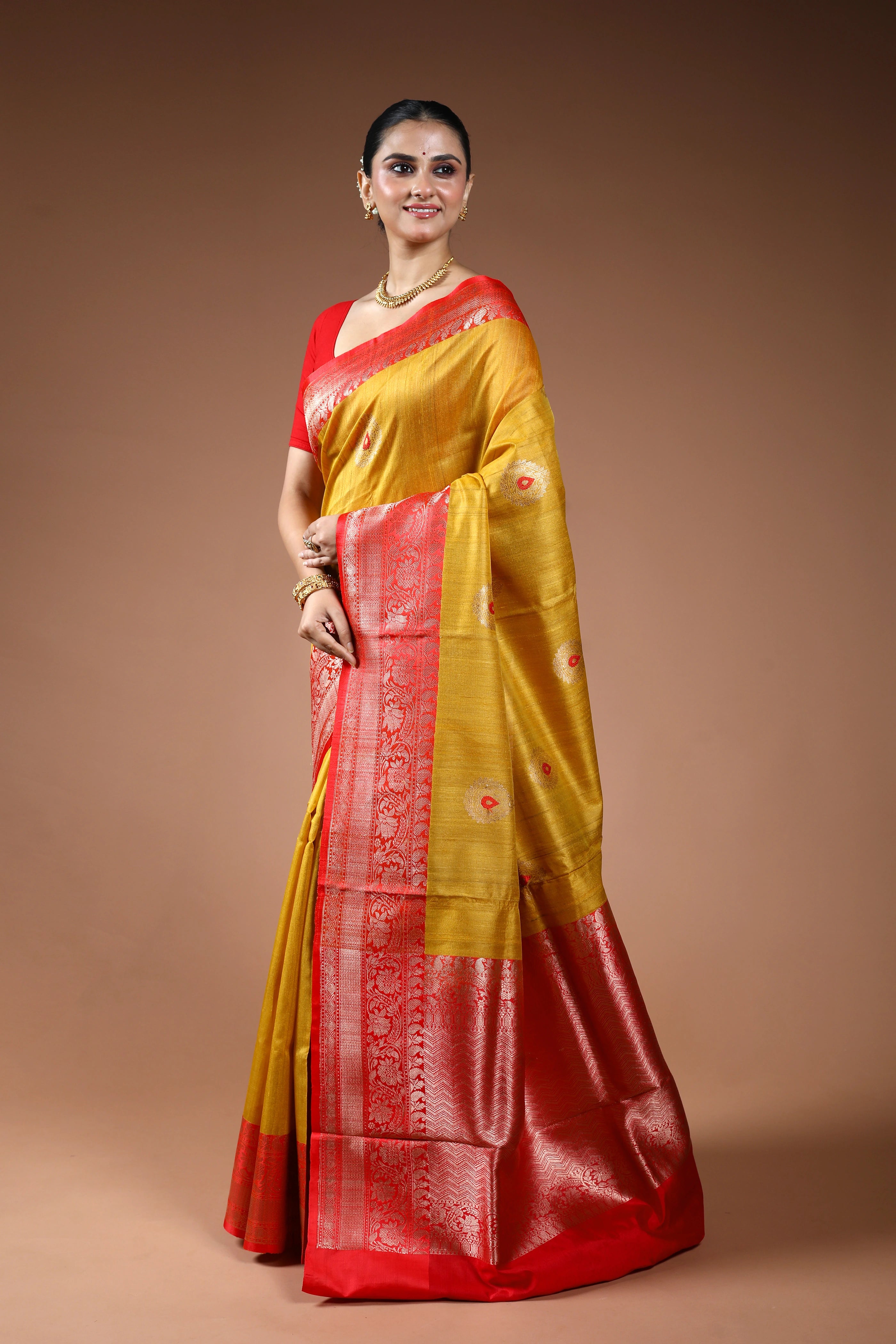 Mustard Yellow Tussar Banarasi Saree With Blouse Piece