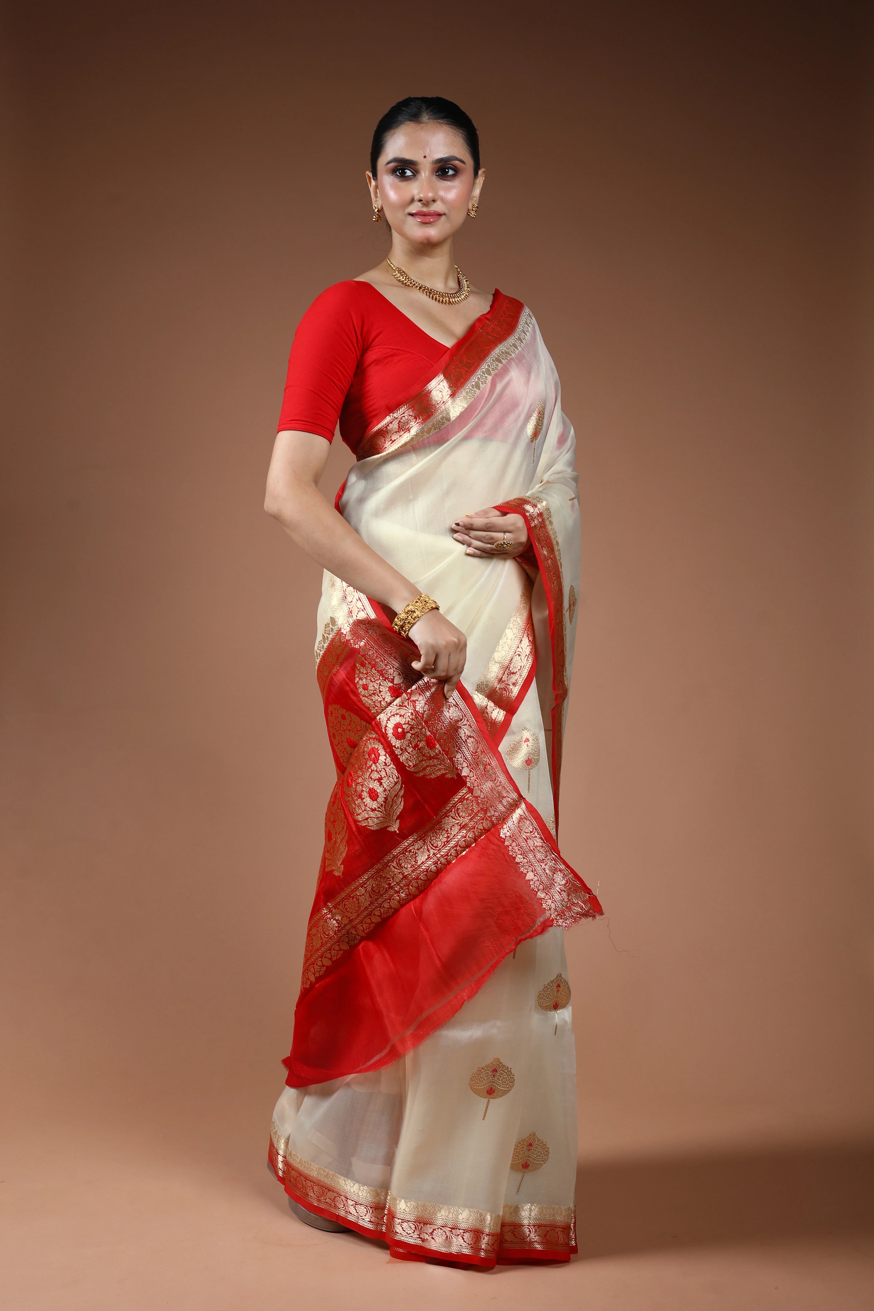 White Kora Banarasi Saree With Blouse Piece