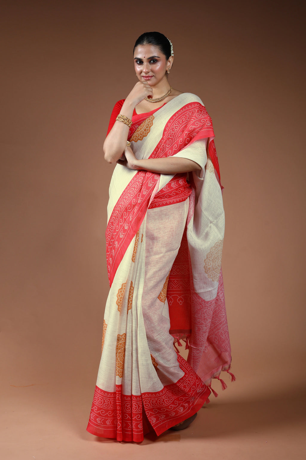 White Printed Linen Saree With Blouse Piece