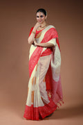 White Printed Linen Saree With Blouse Piece