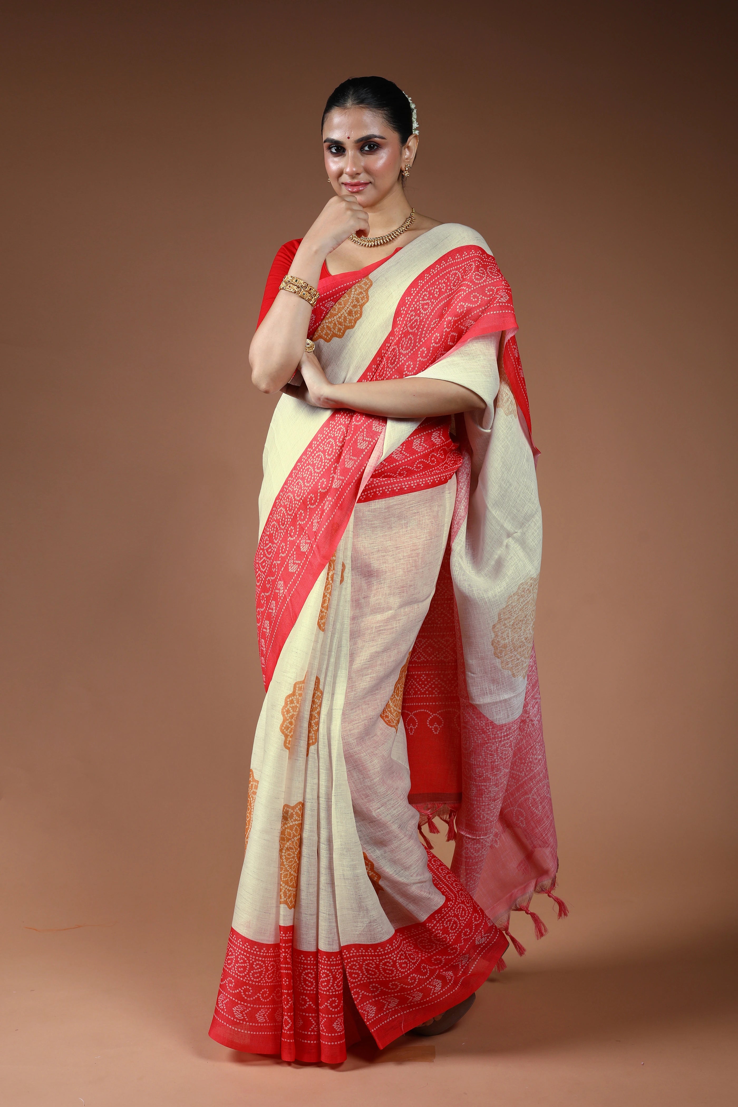 White Printed Linen Saree With Blouse Piece