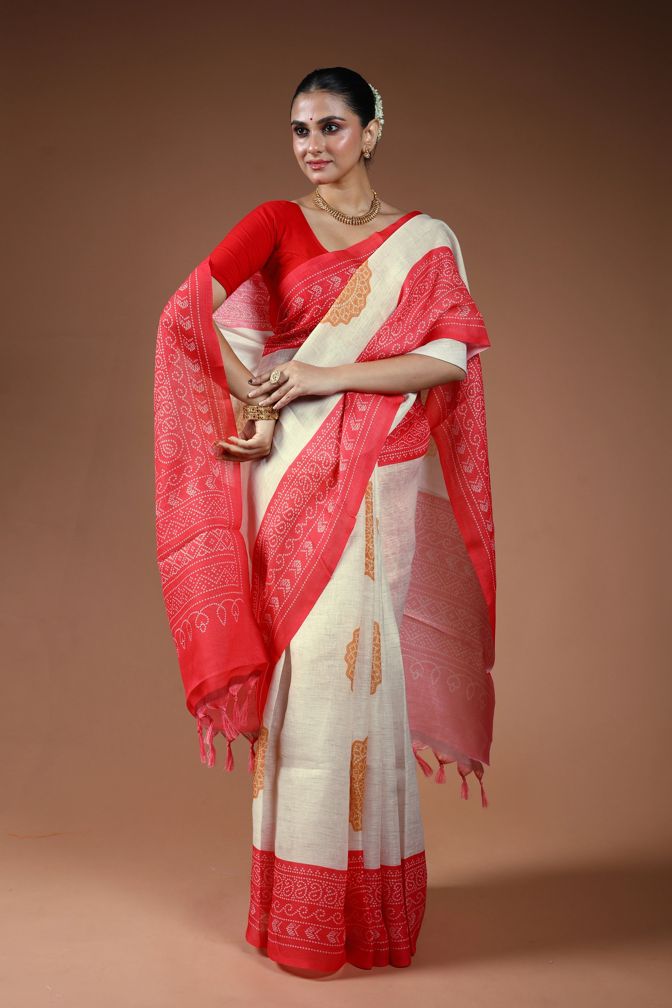 White Printed Linen Saree With Blouse Piece