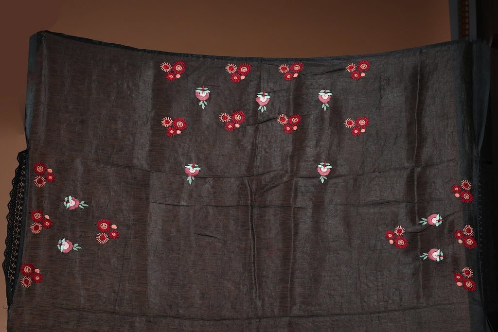 Black Linen Fusion Saree With Blouse Piece