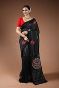 Black Linen Fusion Saree With Blouse Piece
