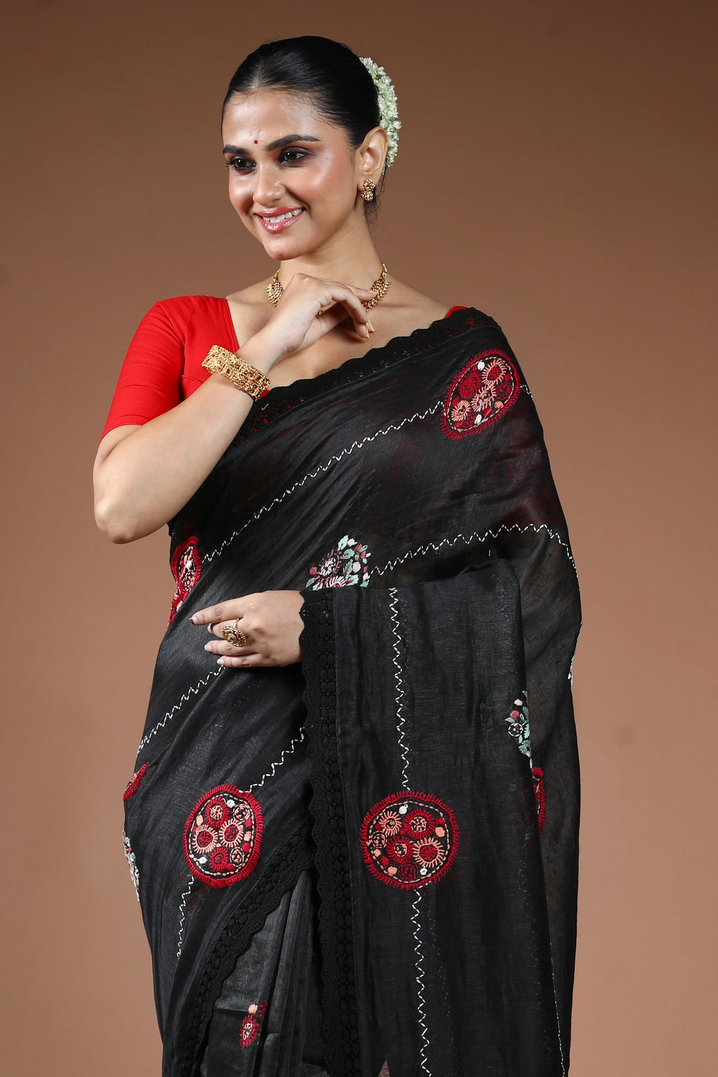 Black Linen Fusion Saree With Blouse Piece