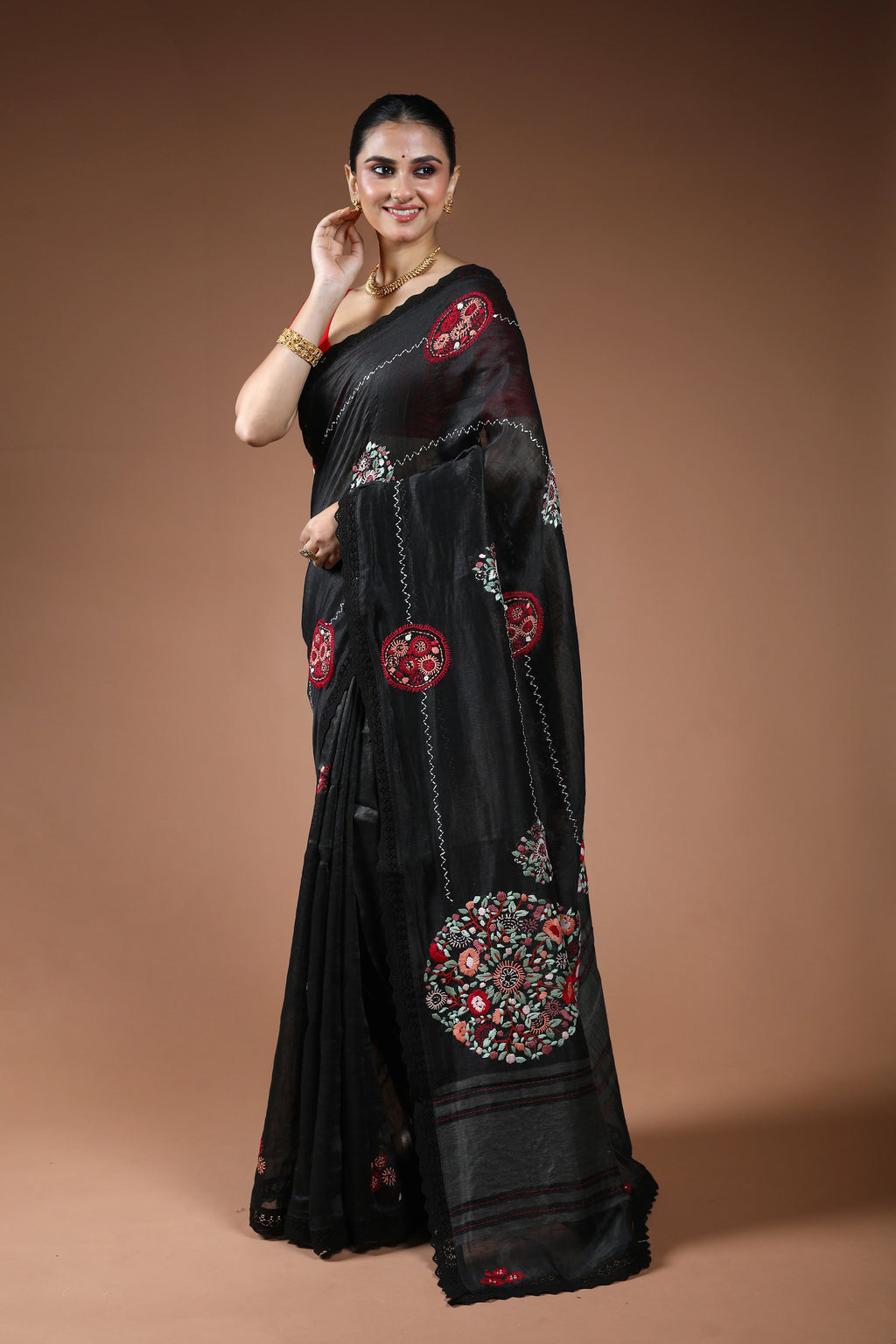 Black Linen Fusion Saree With Blouse Piece
