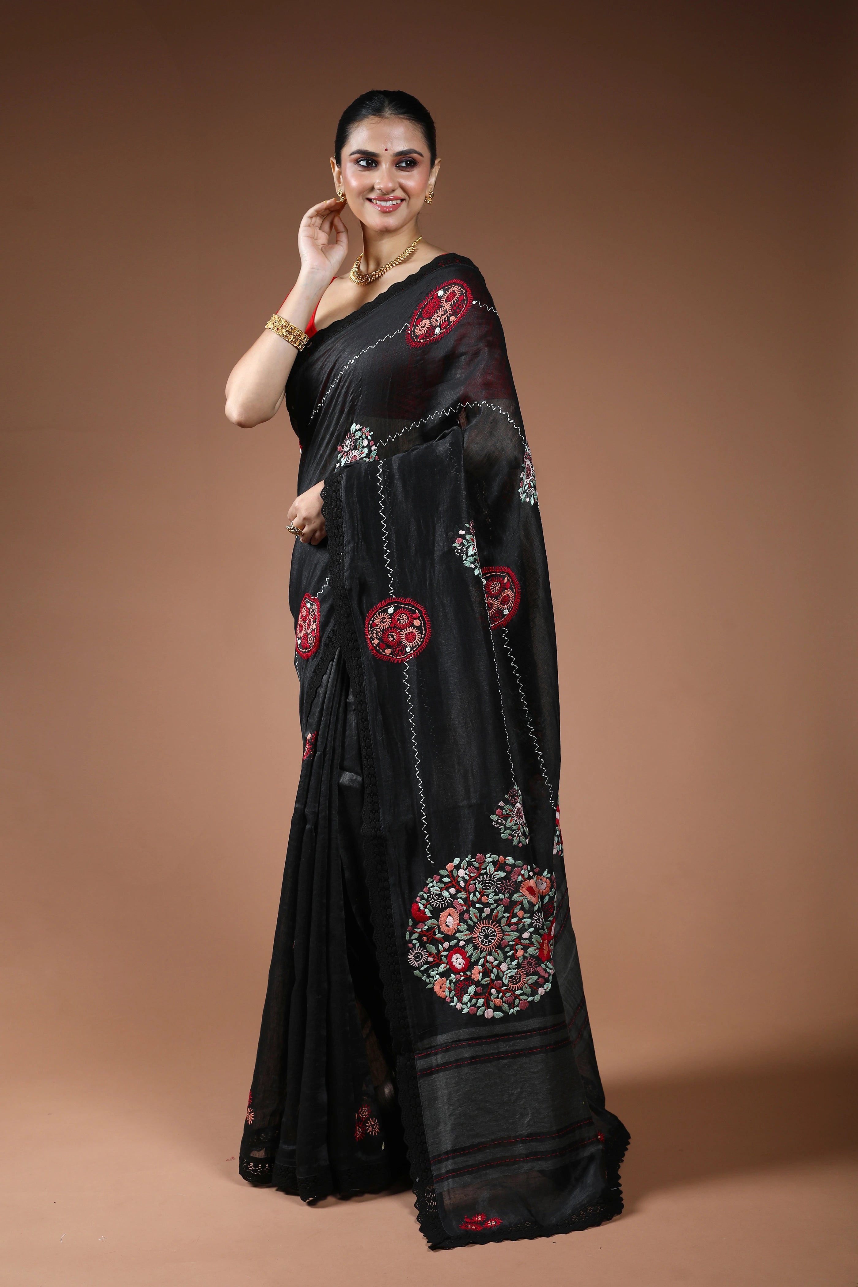 Black Linen Fusion Saree With Blouse Piece
