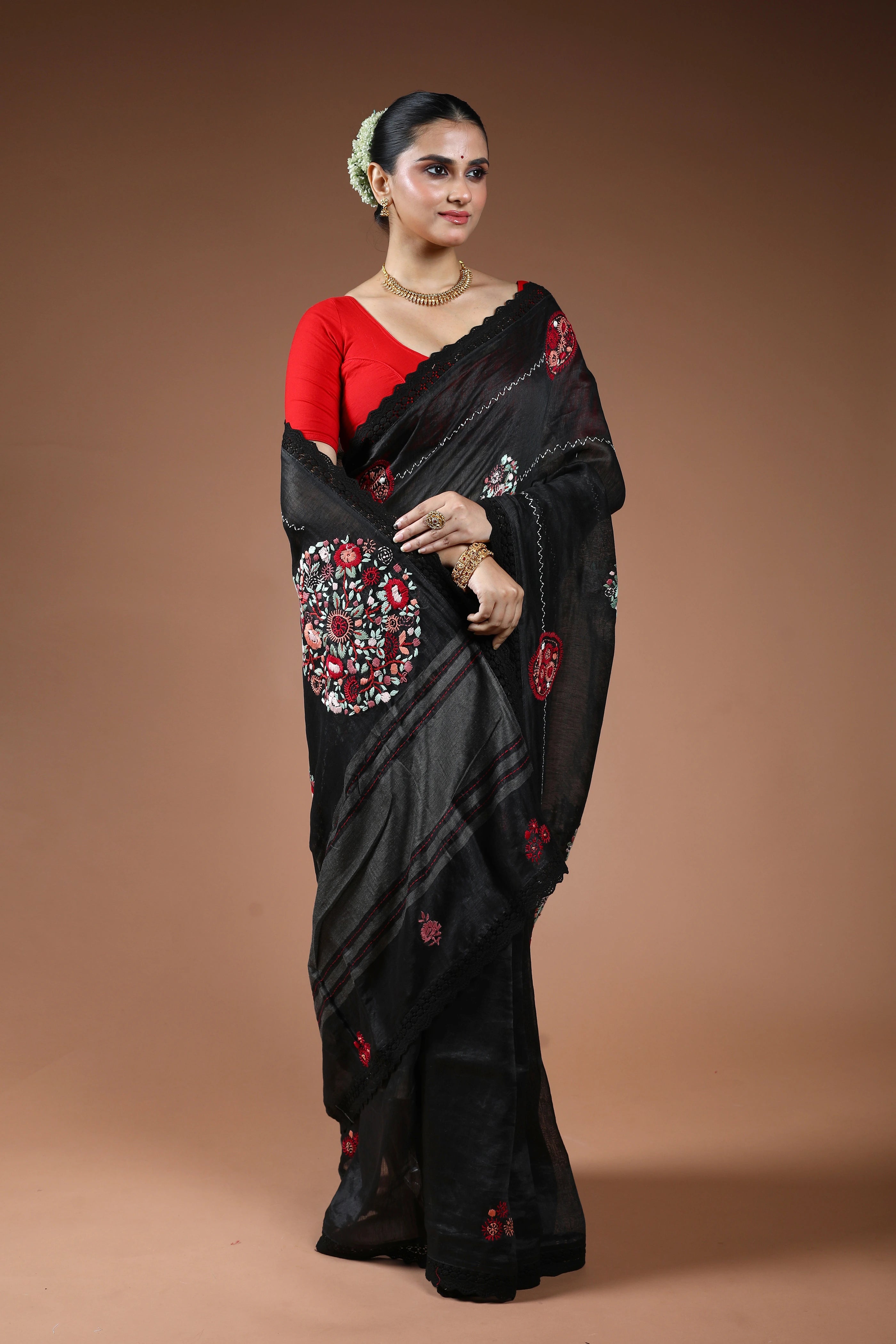 Black Linen Fusion Saree With Blouse Piece