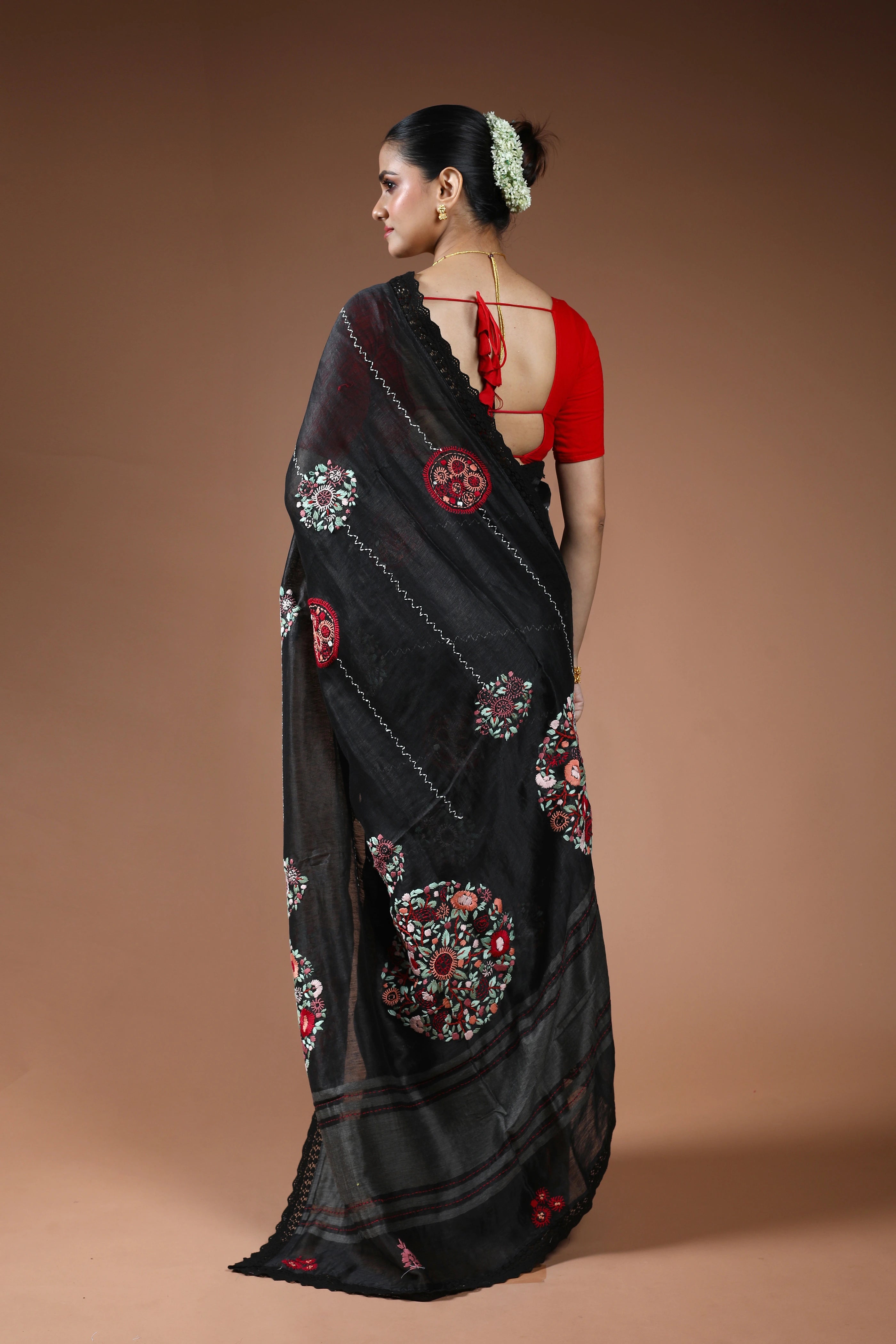 Black Linen Fusion Saree With Blouse Piece