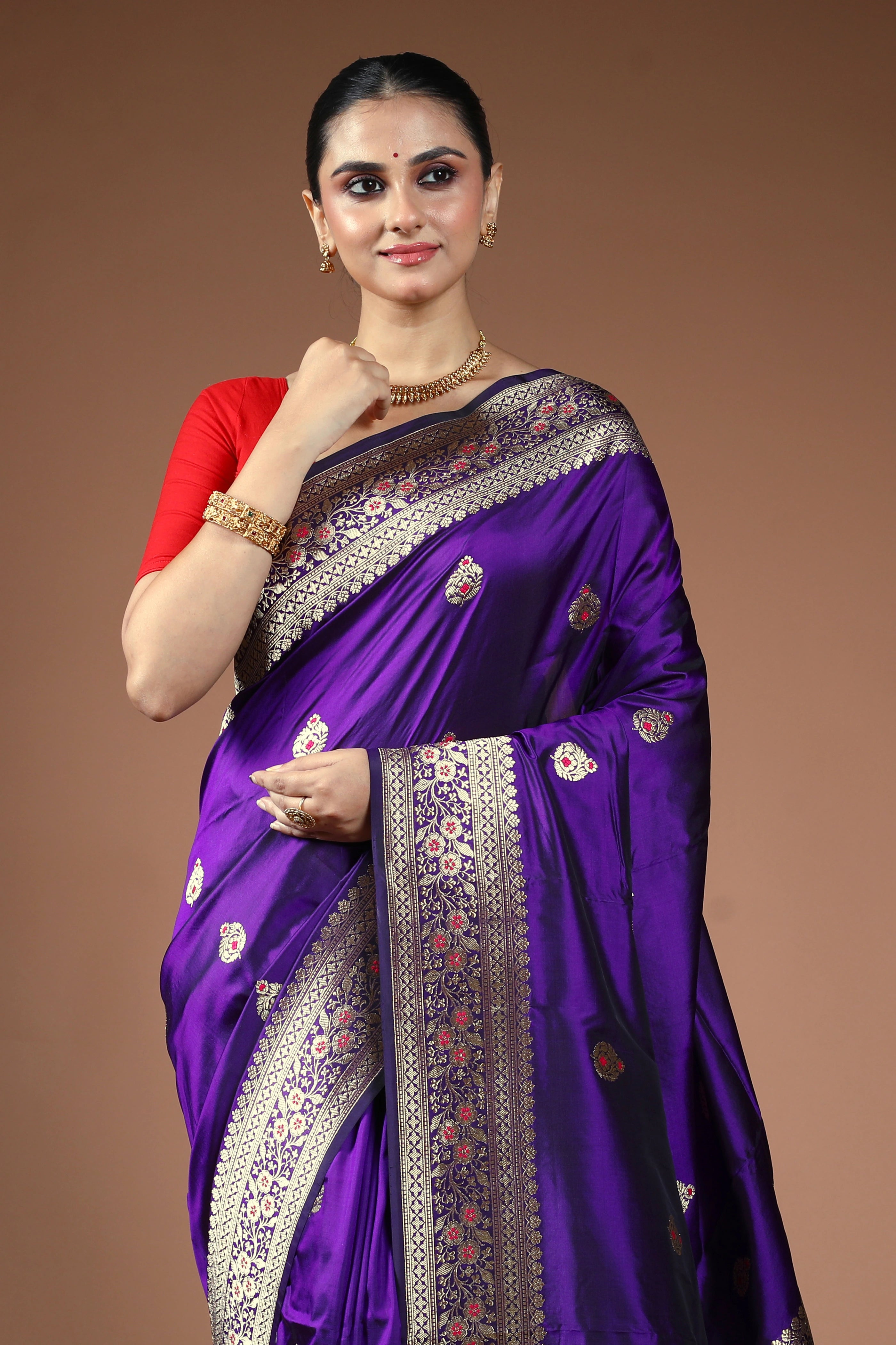 Purple Pure Katan Banarasi Saree With Blouse Piece
