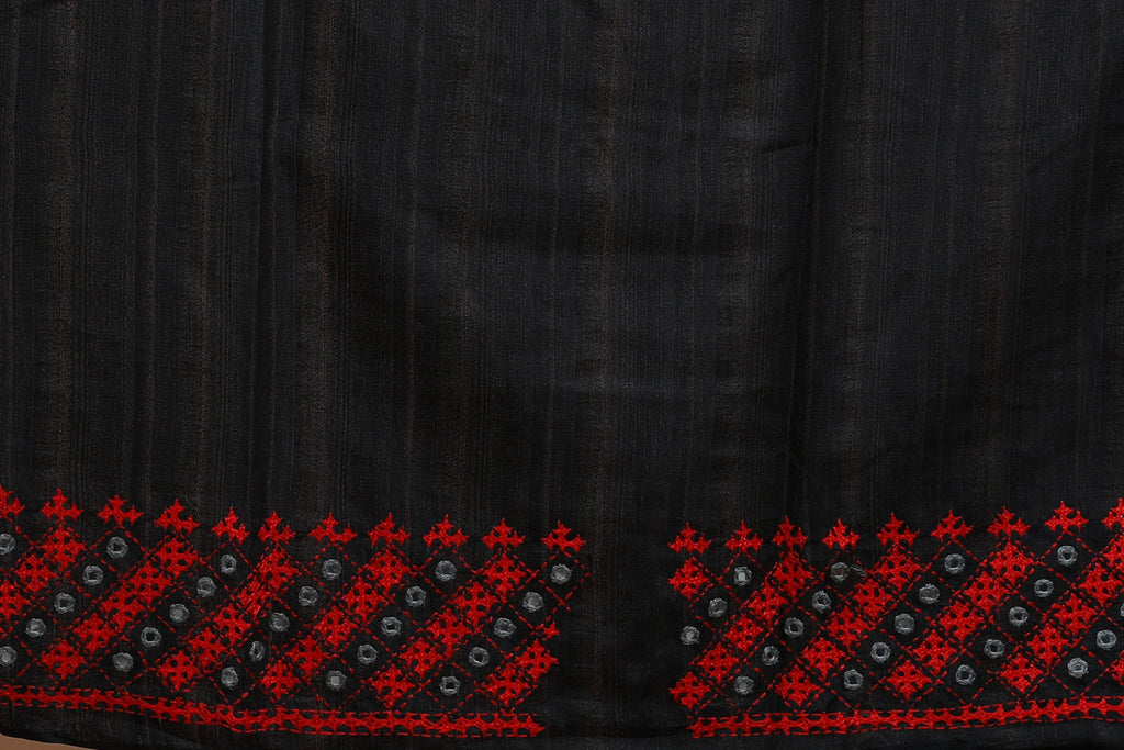 Black Tussar Hand Gujarati Saree With Blouse Piece