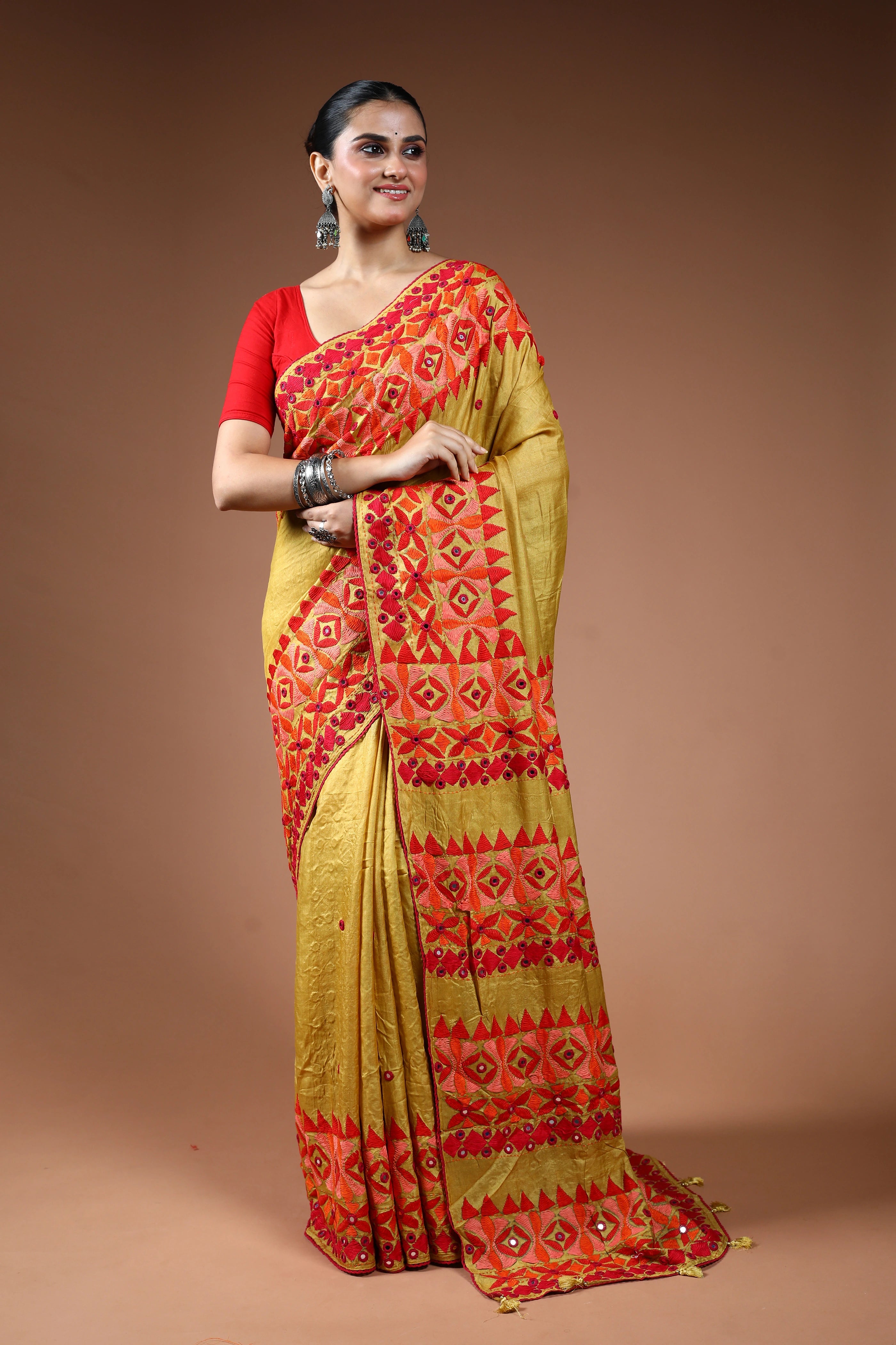 Mustard Yellow Tussar Kathiyawadi Saree With Blouse Piece