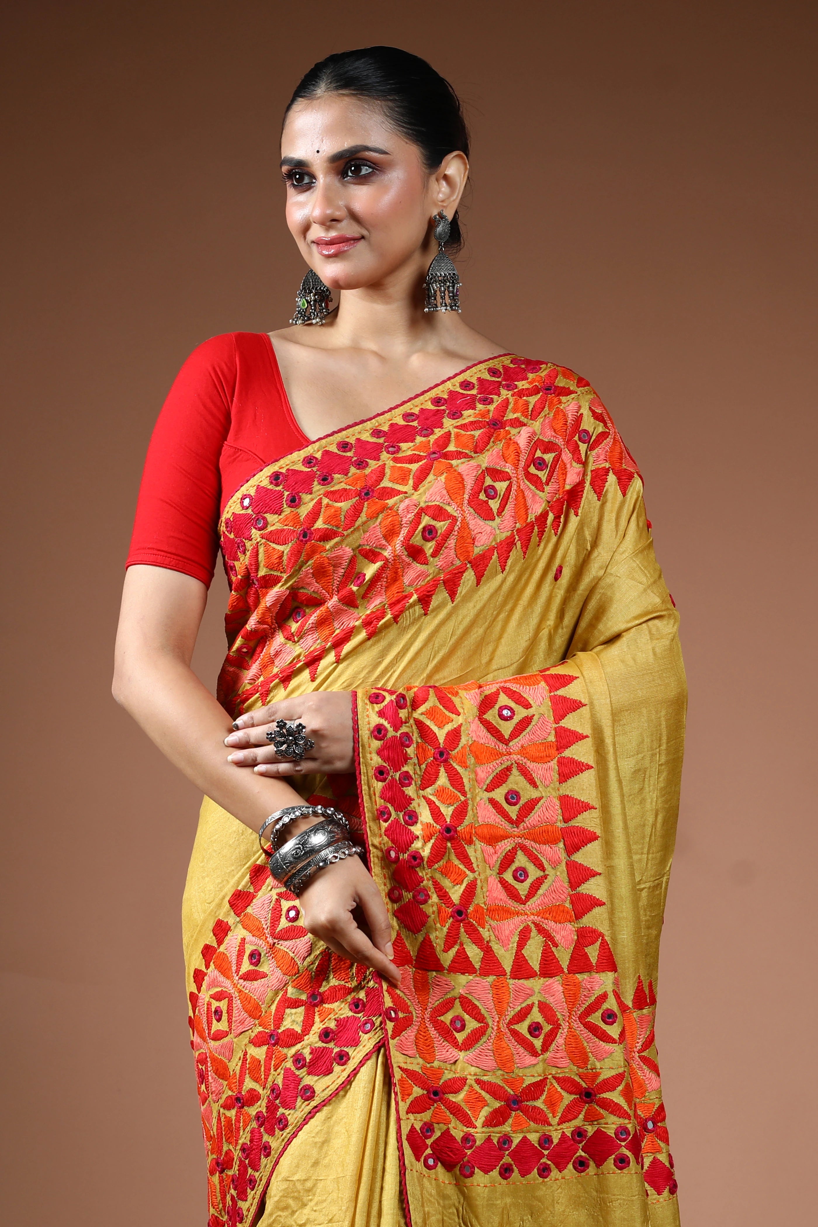 Mustard Yellow Tussar Kathiyawadi Saree With Blouse Piece