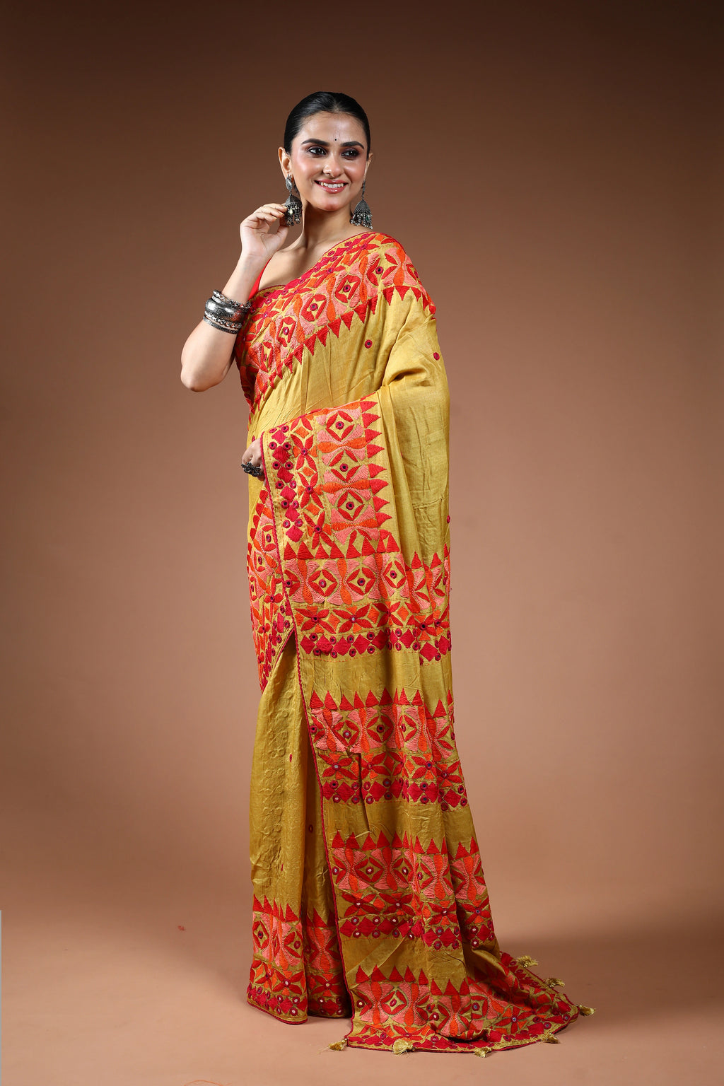 Mustard Yellow Tussar Kathiyawadi Saree With Blouse Piece