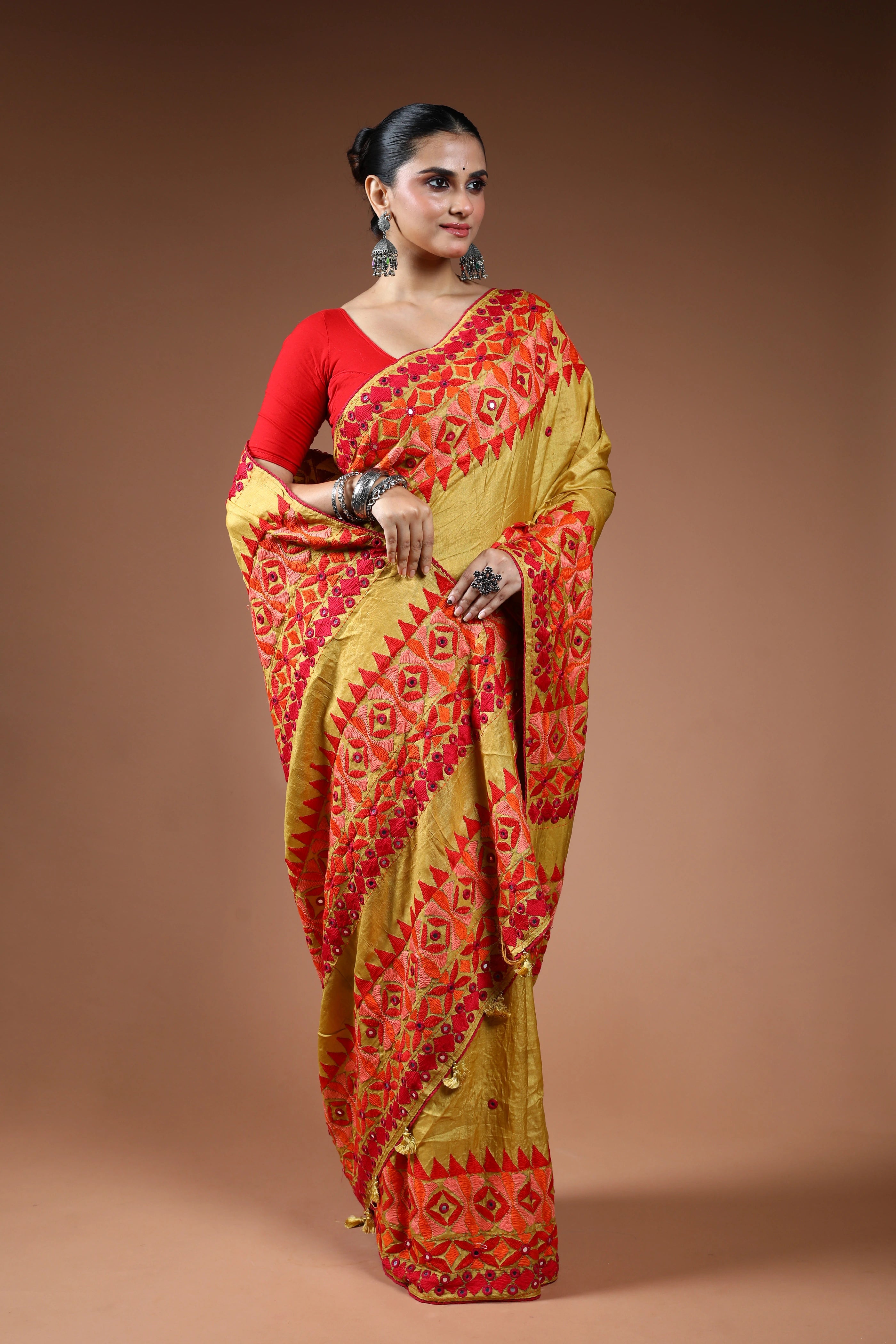 Mustard Yellow Tussar Kathiyawadi Saree With Blouse Piece