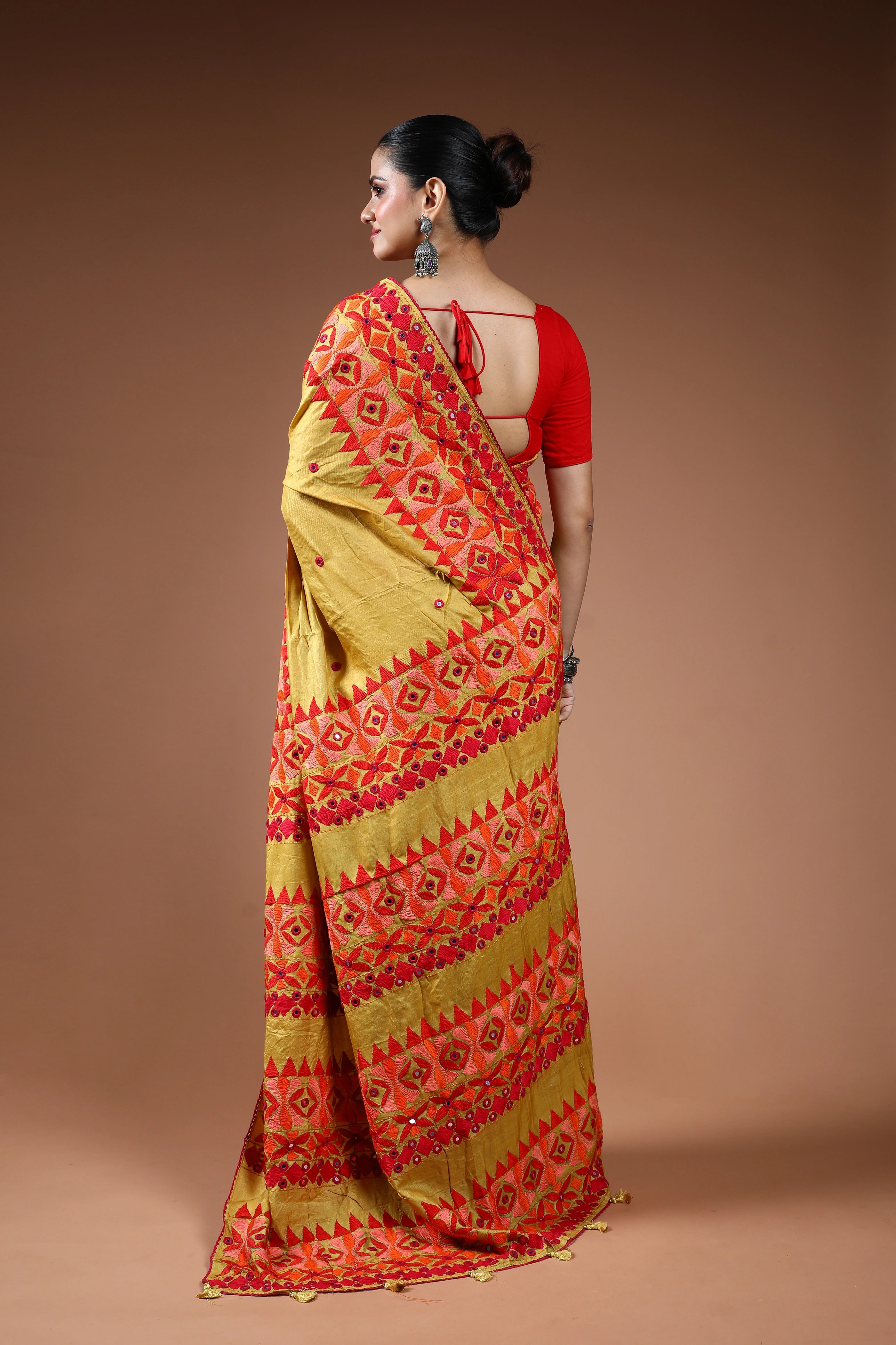 Mustard Yellow Tussar Kathiyawadi Saree With Blouse Piece