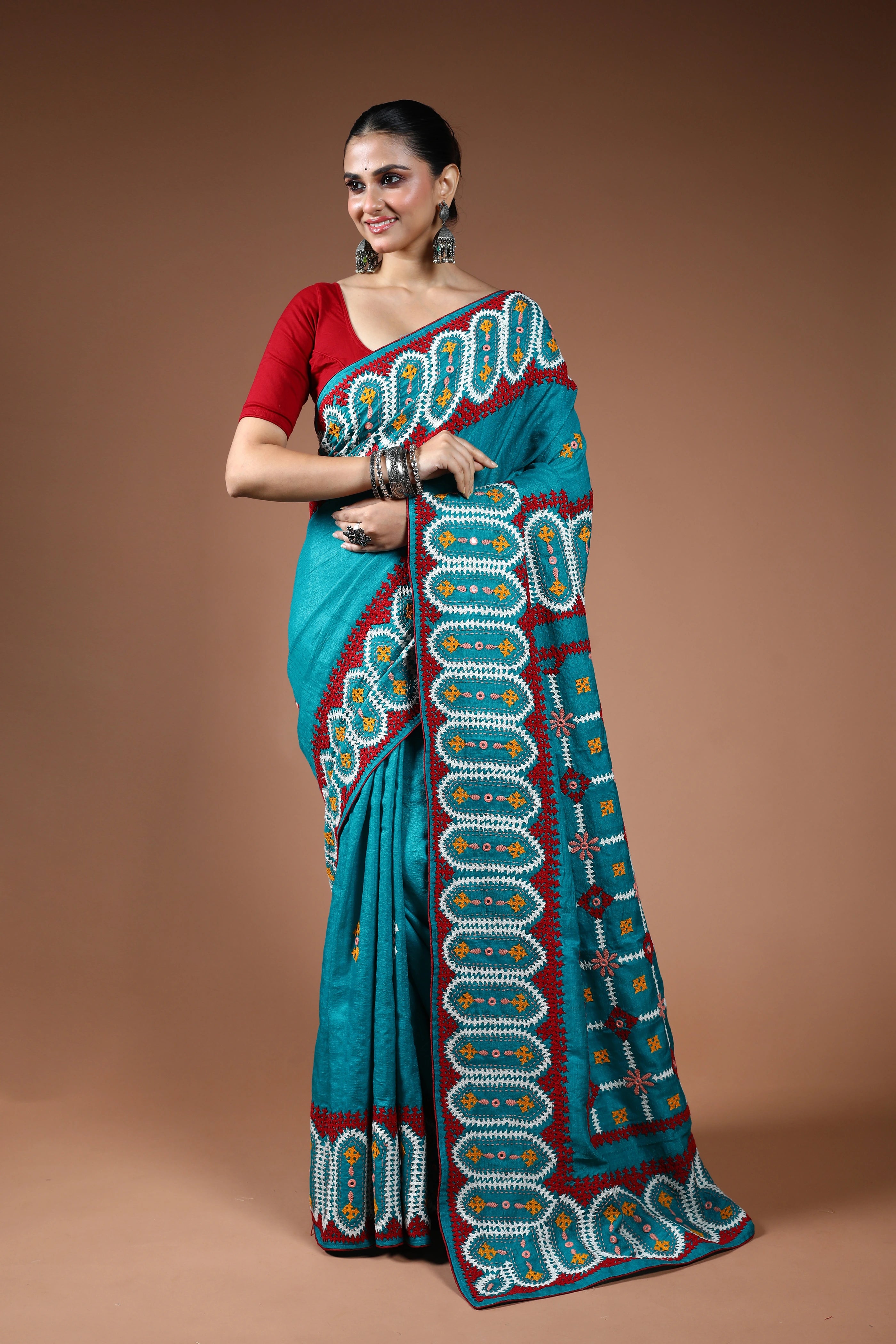 Turquoish Blue Tussar Hand Gujarati Saree With Blouse Piece