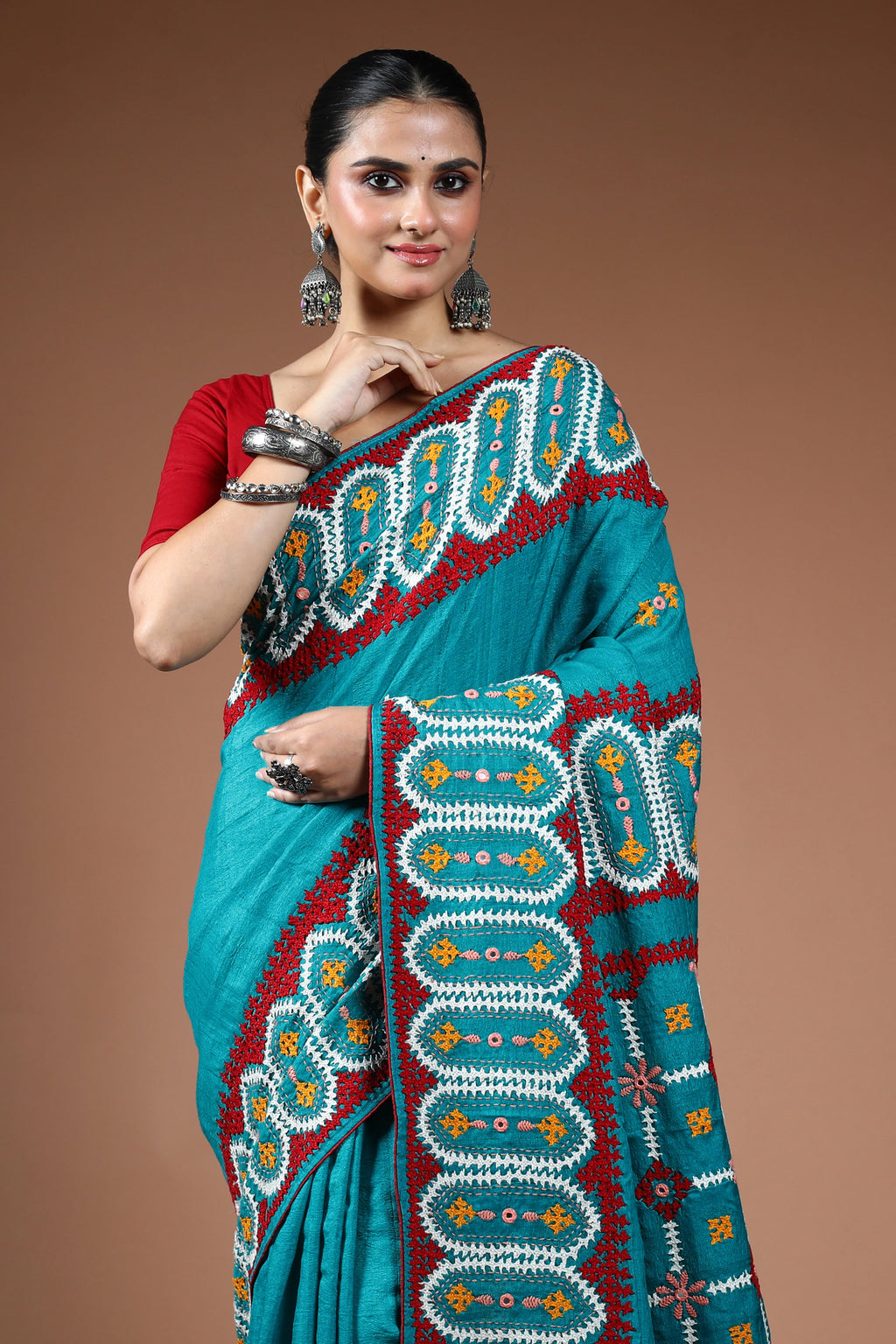 Turquoish Blue Tussar Hand Gujarati Saree With Blouse Piece