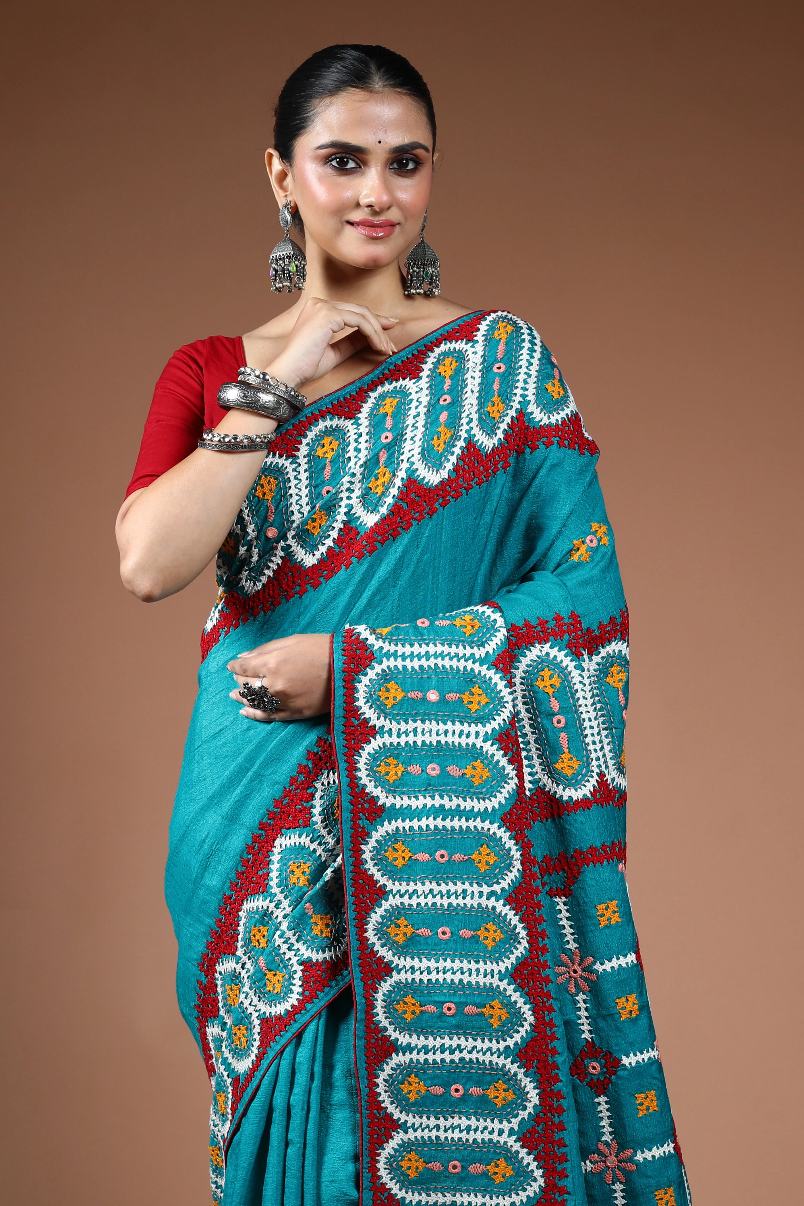 Turquoish Blue Tussar Hand Gujarati Saree With Blouse Piece