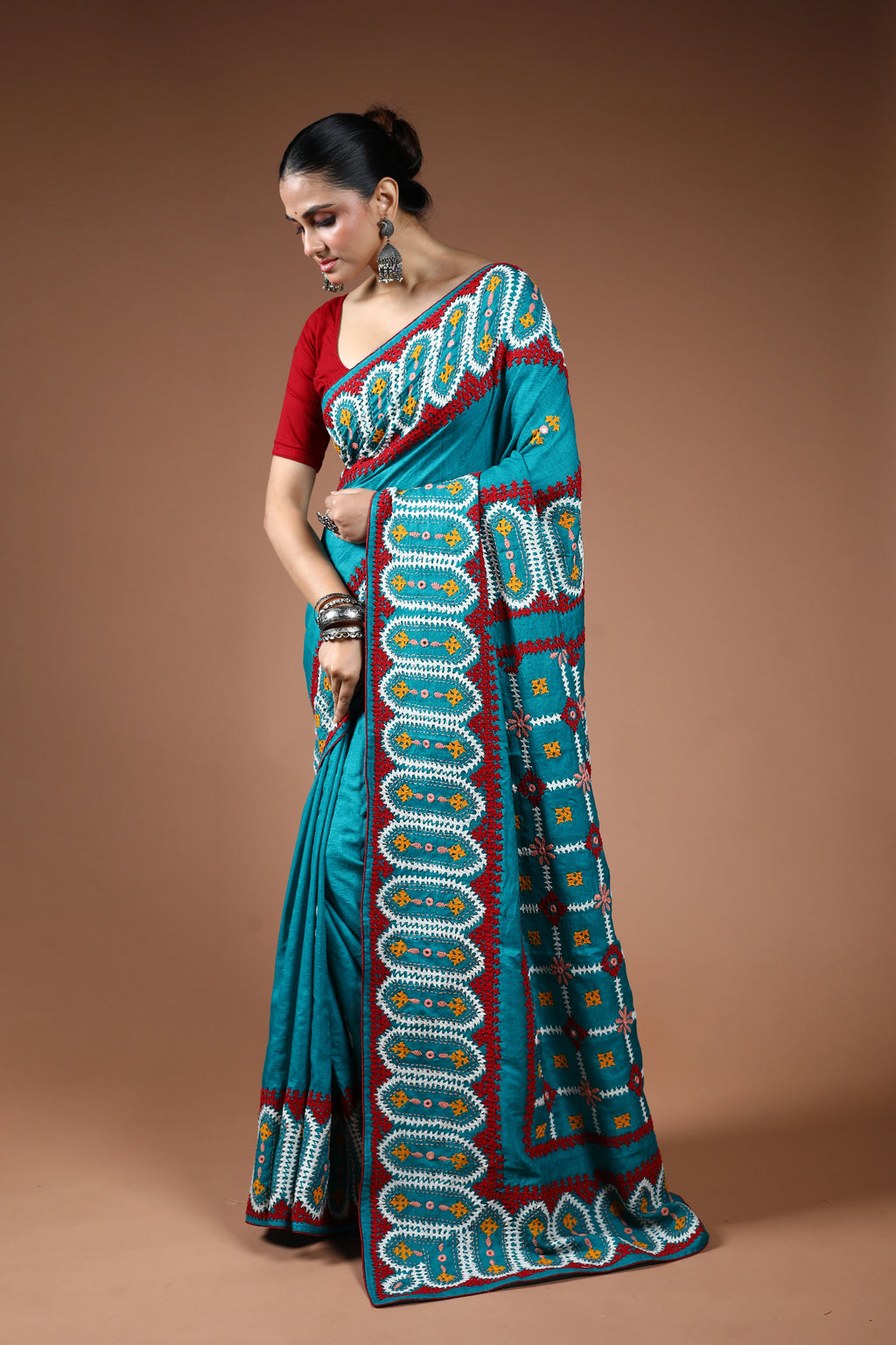 Turquoish Blue Tussar Hand Gujarati Saree With Blouse Piece