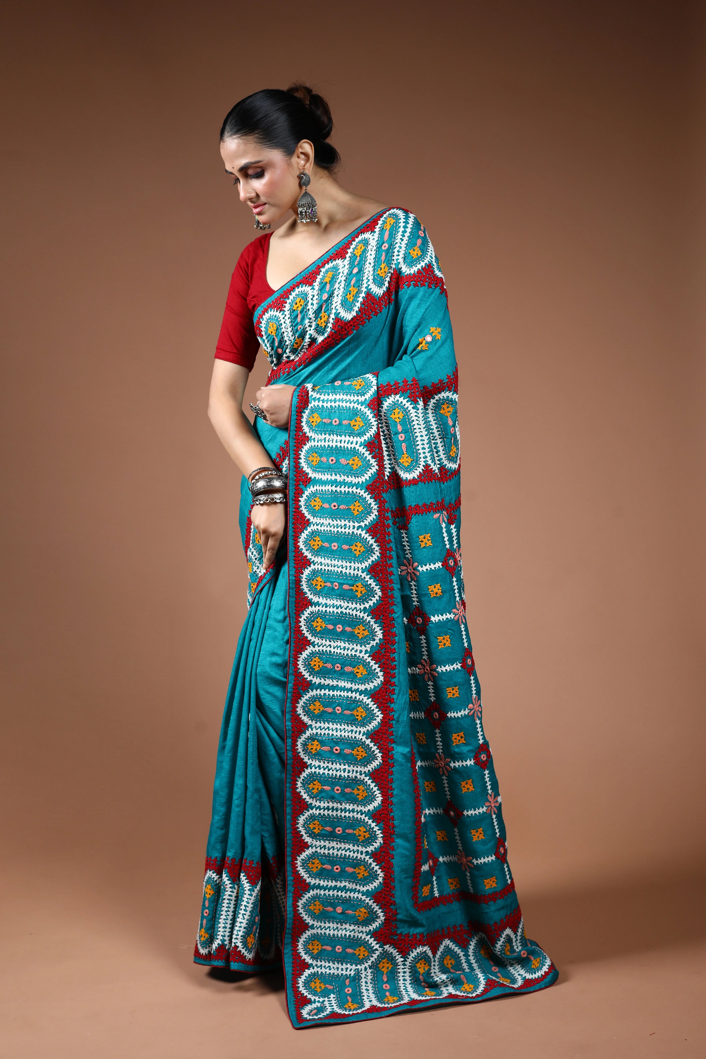 Turquoish Blue Tussar Hand Gujarati Saree With Blouse Piece