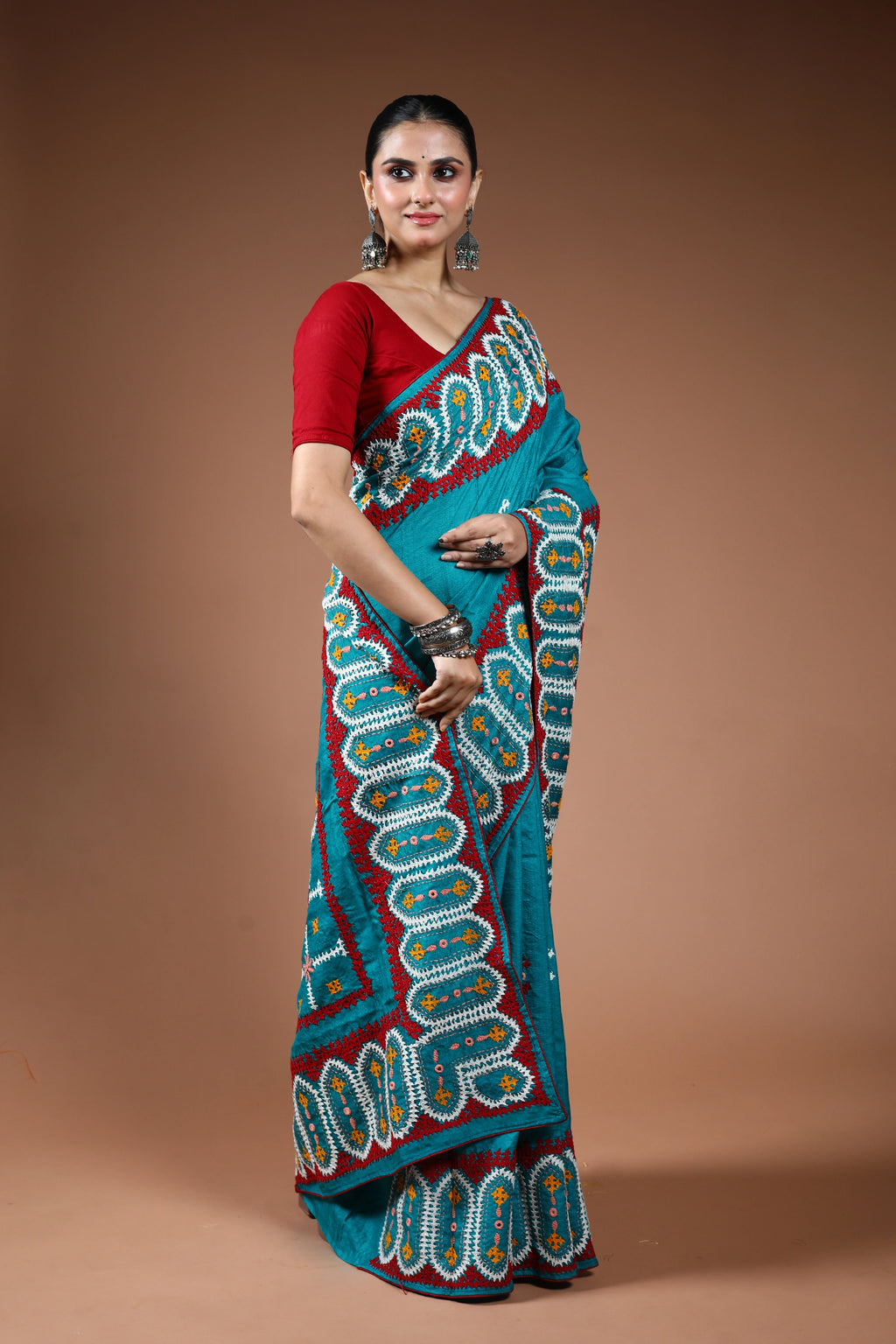 Turquoish Blue Tussar Hand Gujarati Saree With Blouse Piece