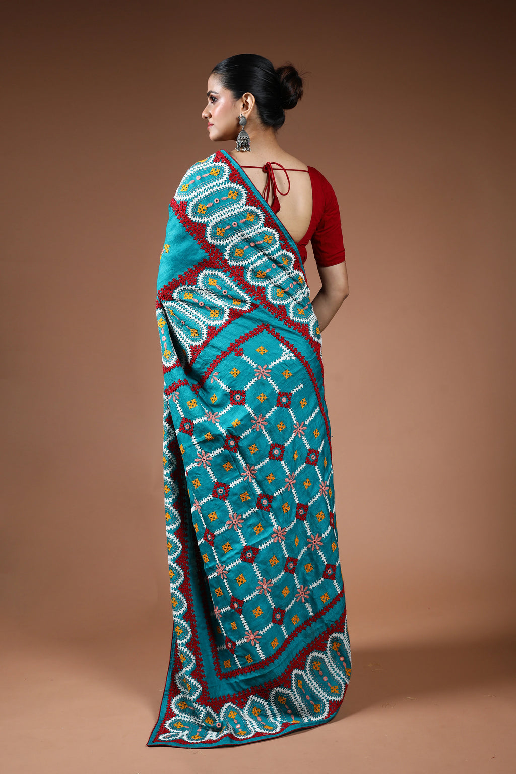 Turquoish Blue Tussar Hand Gujarati Saree With Blouse Piece