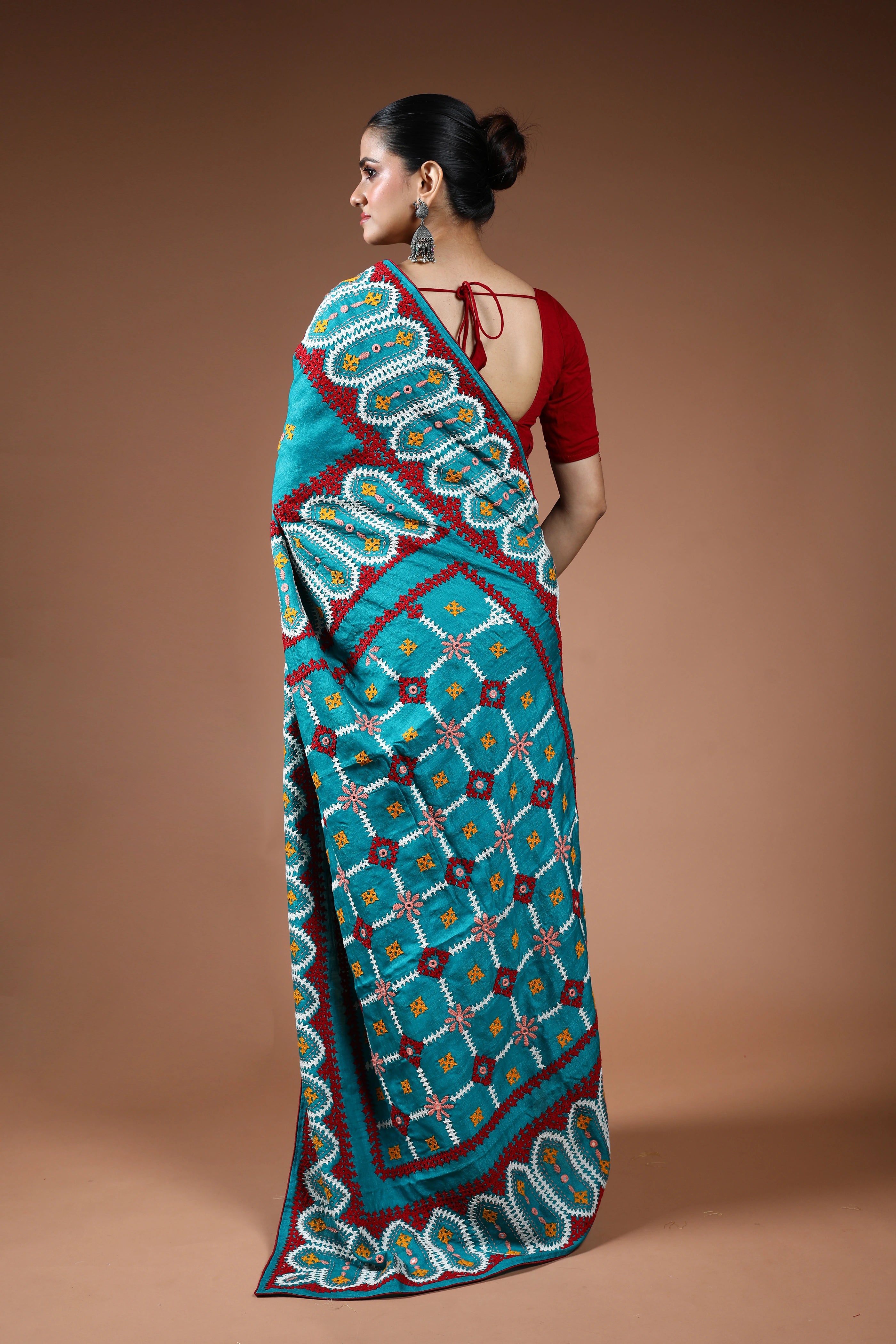 Turquoish Blue Tussar Hand Gujarati Saree With Blouse Piece