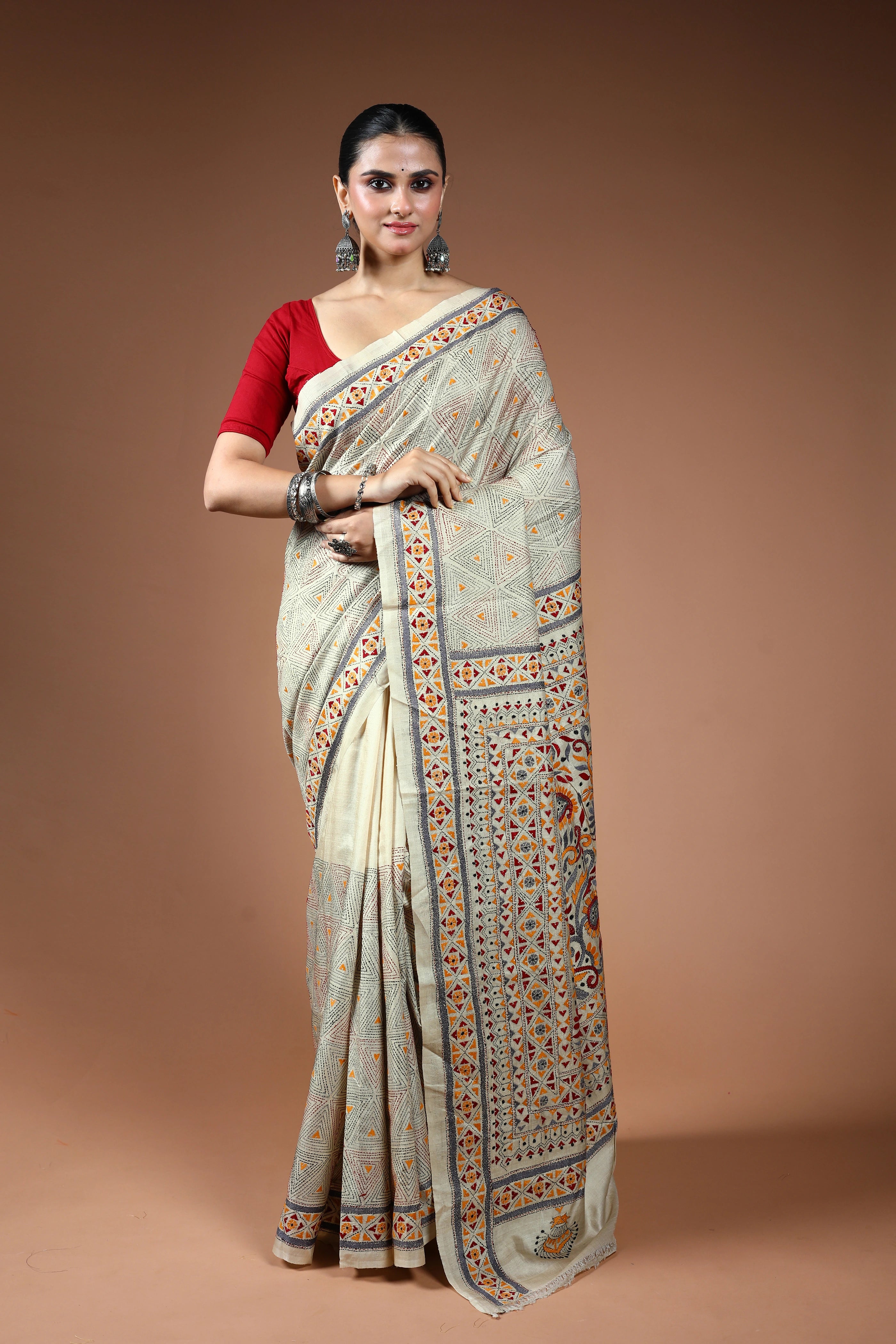 Offwhite Tussar Kantha Saree With Blouse Piece