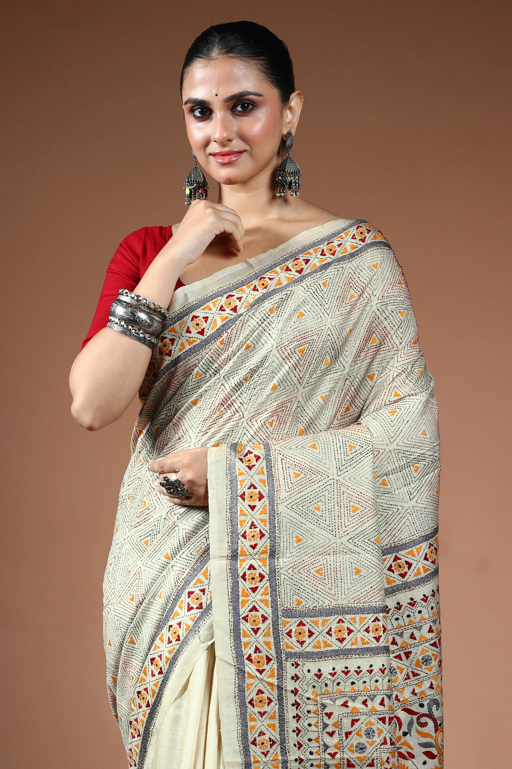 Offwhite Tussar Kantha Saree With Blouse Piece