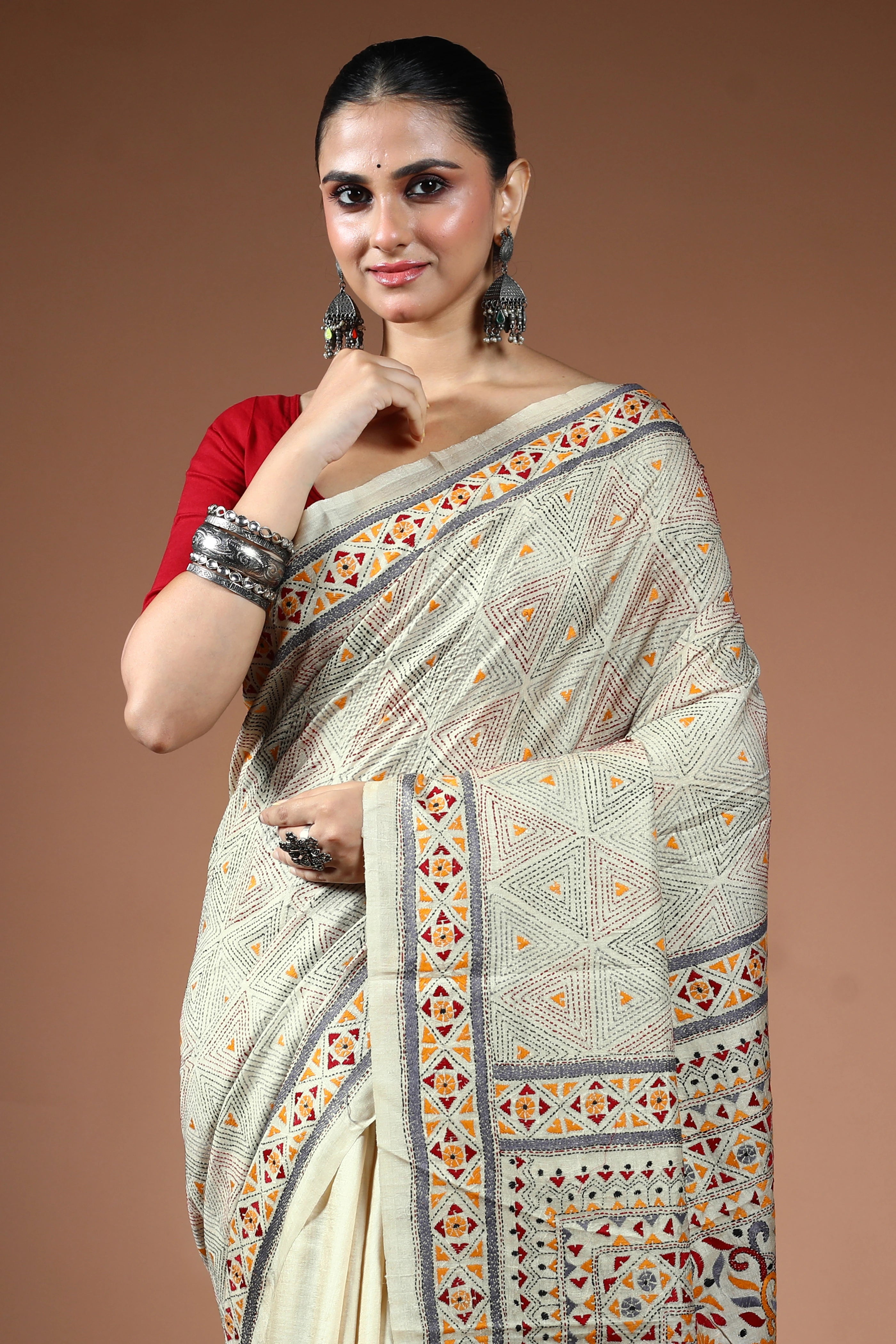 Offwhite Tussar Kantha Saree With Blouse Piece