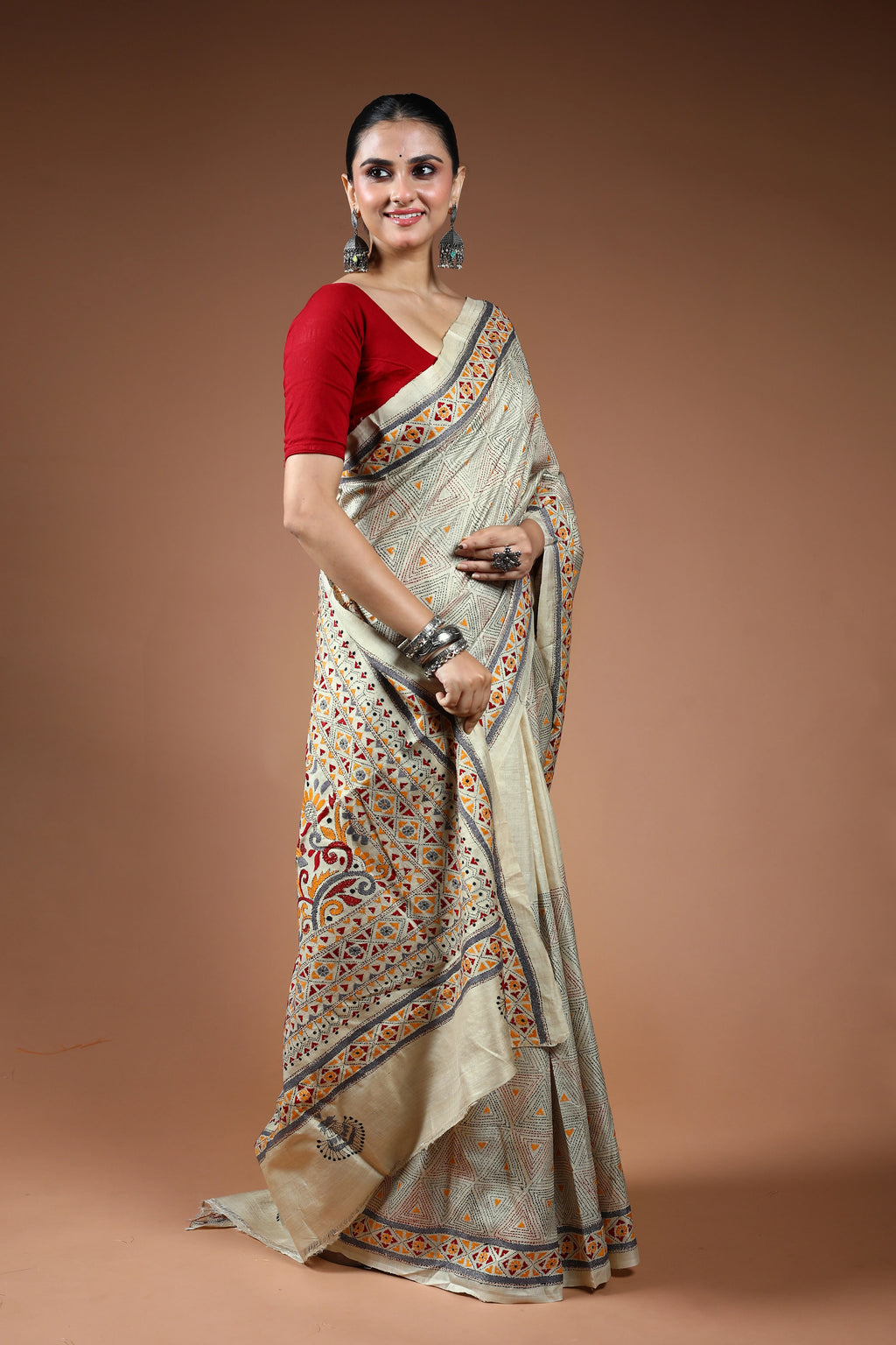 Offwhite Tussar Kantha Saree With Blouse Piece