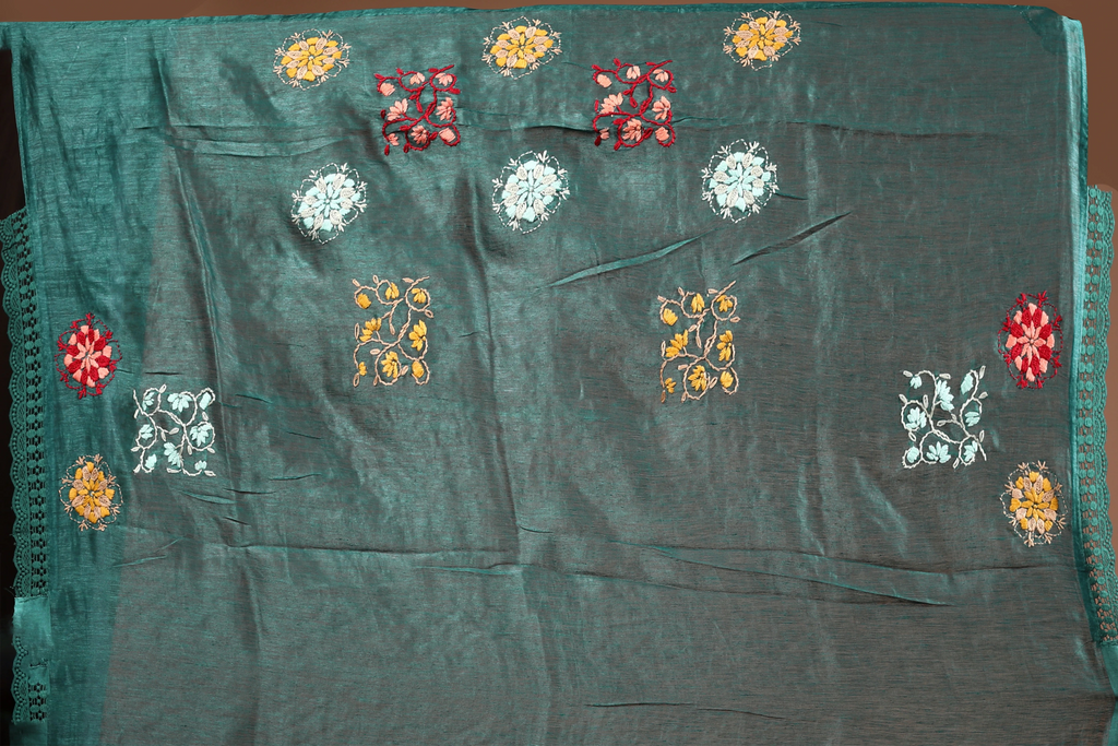 Forest Green Linen Fusion Saree With Blouse Piece