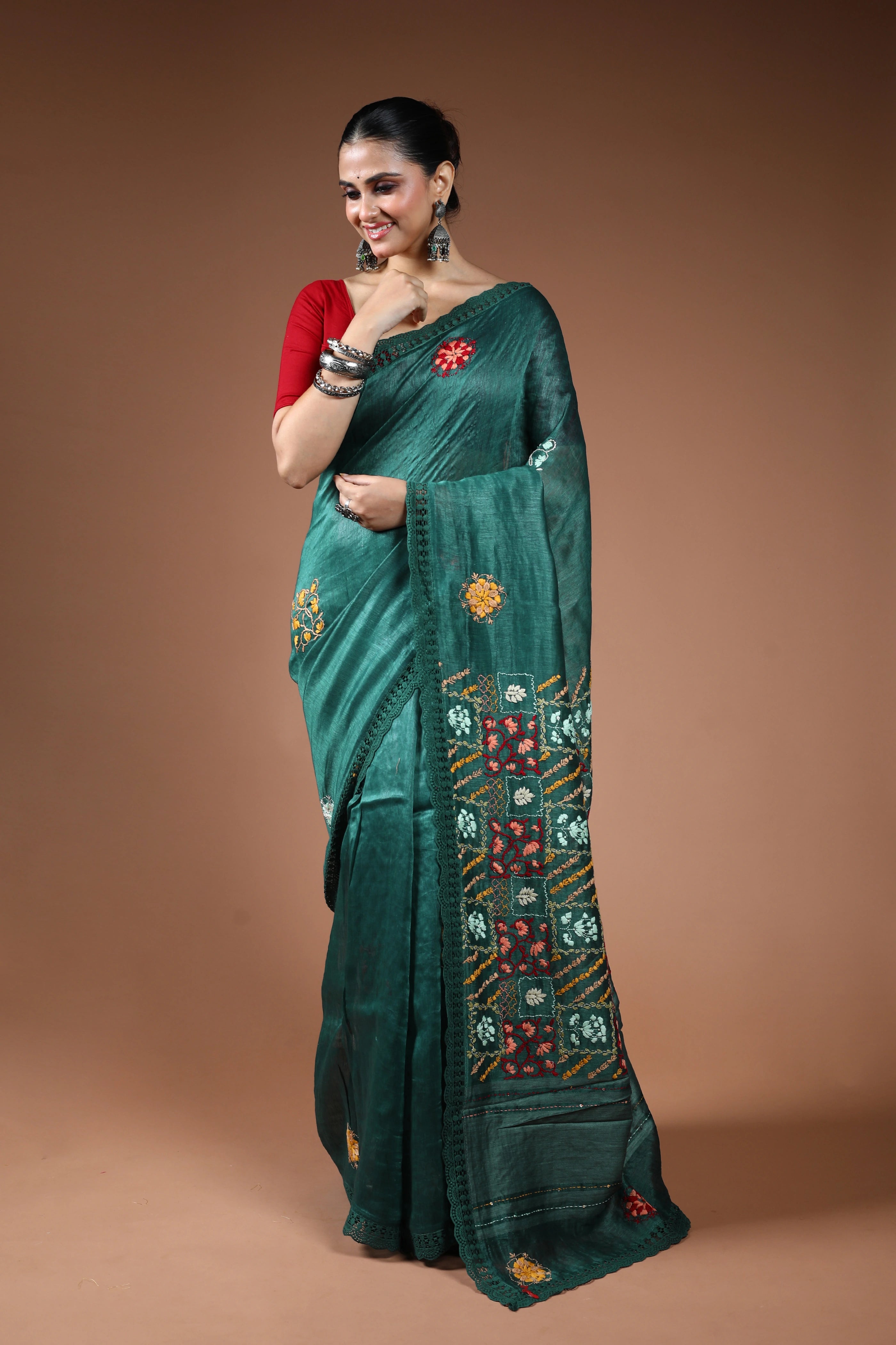 Forest Green Linen Fusion Saree With Blouse Piece
