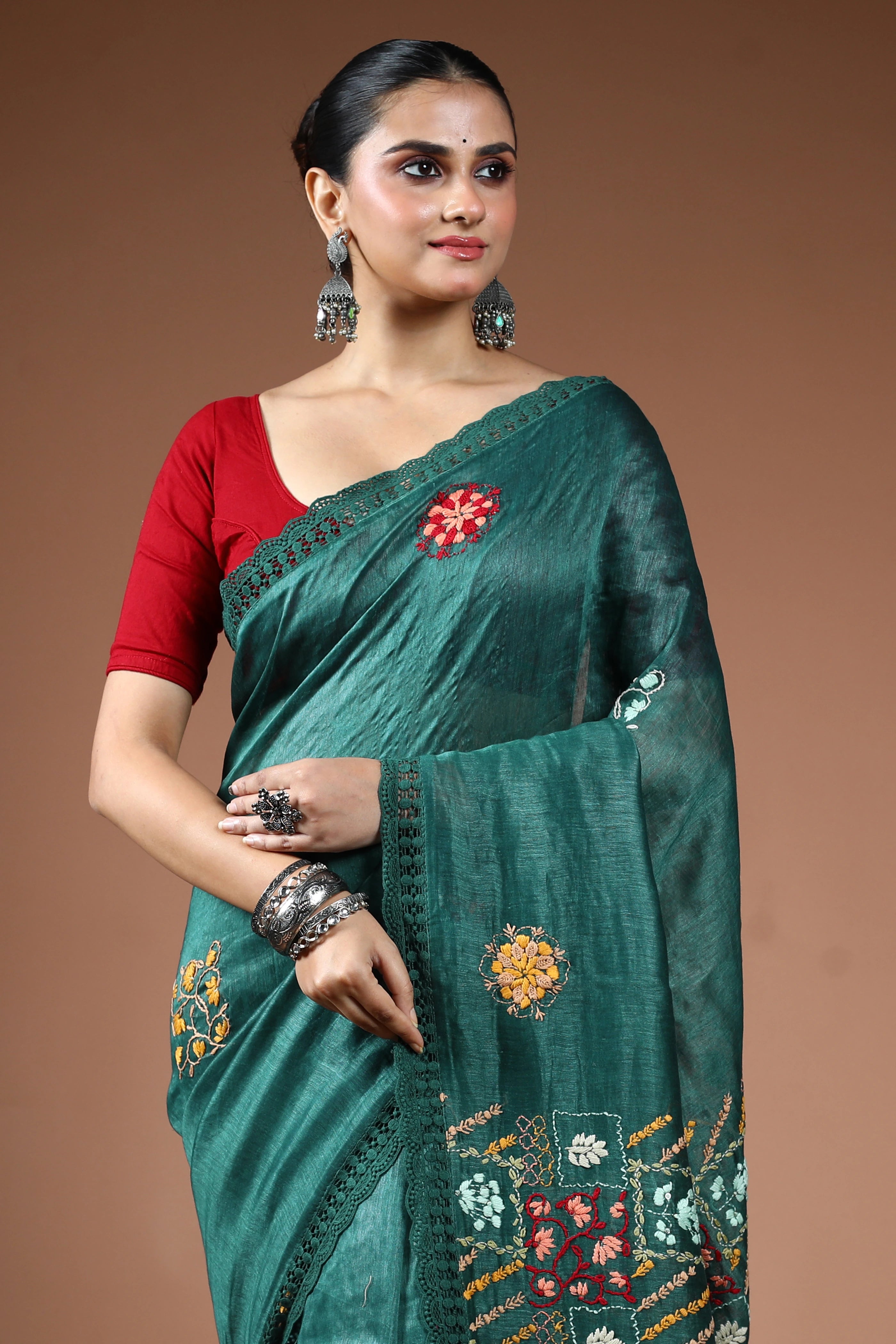 Forest Green Linen Fusion Saree With Blouse Piece