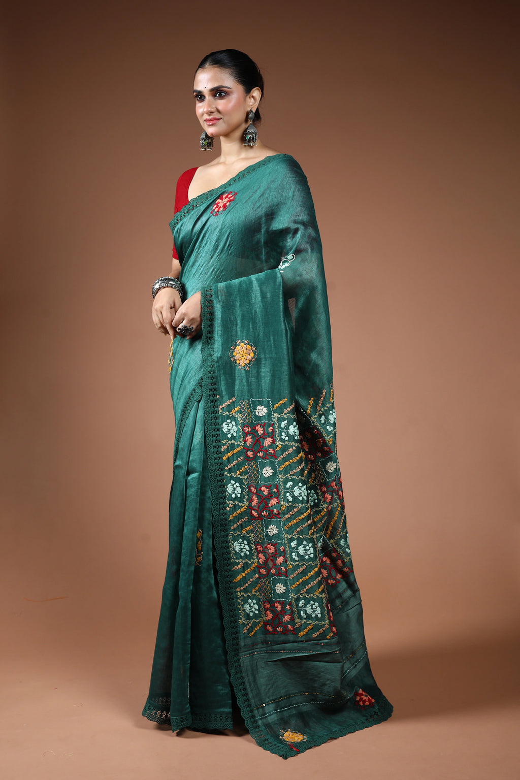 Forest Green Linen Fusion Saree With Blouse Piece