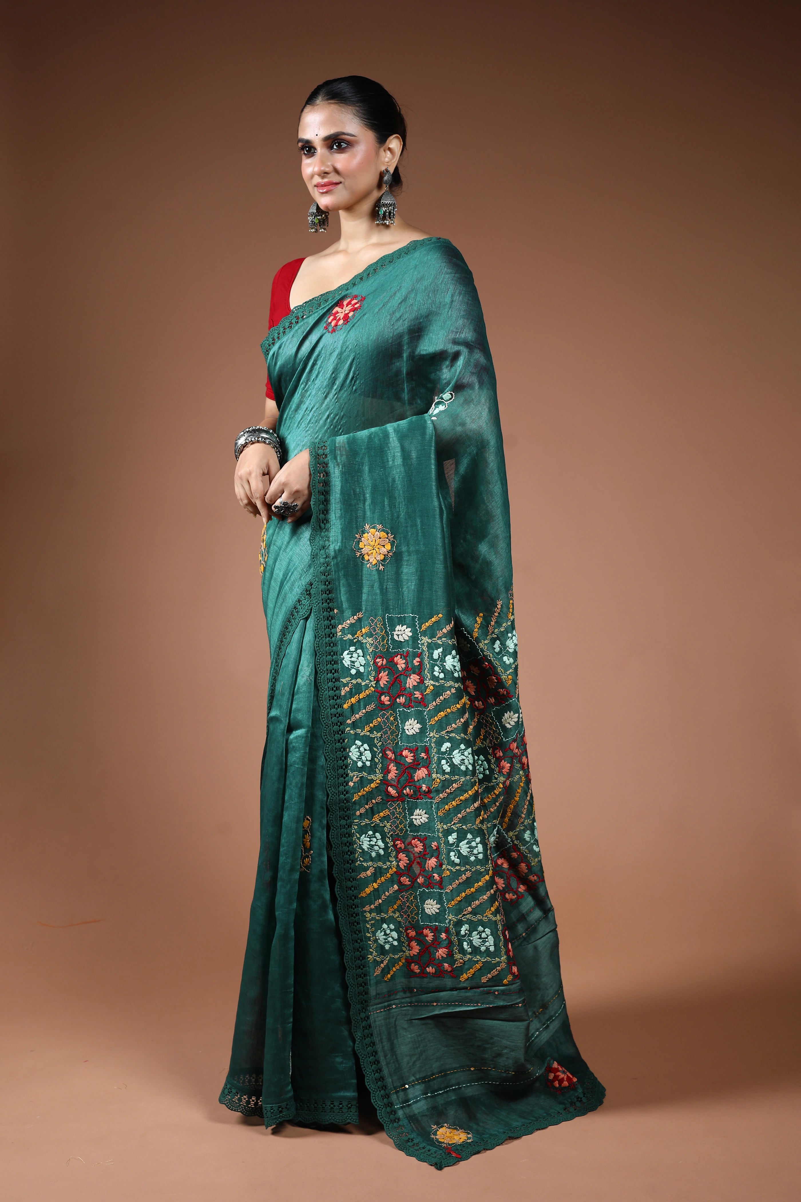 Forest Green Linen Fusion Saree With Blouse Piece